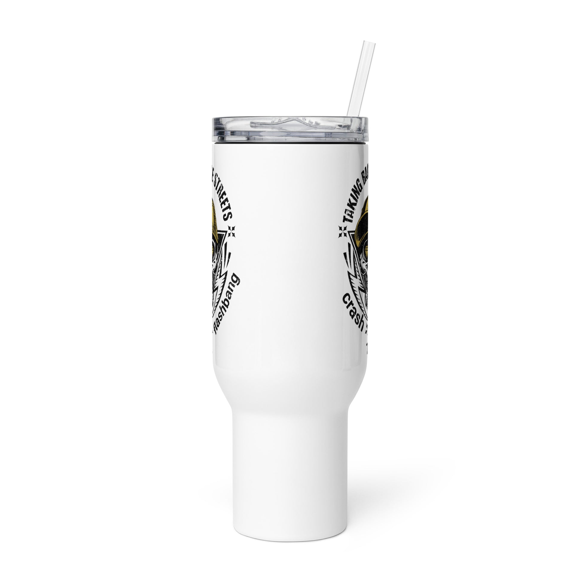 White tumbler with black text and design on a white background