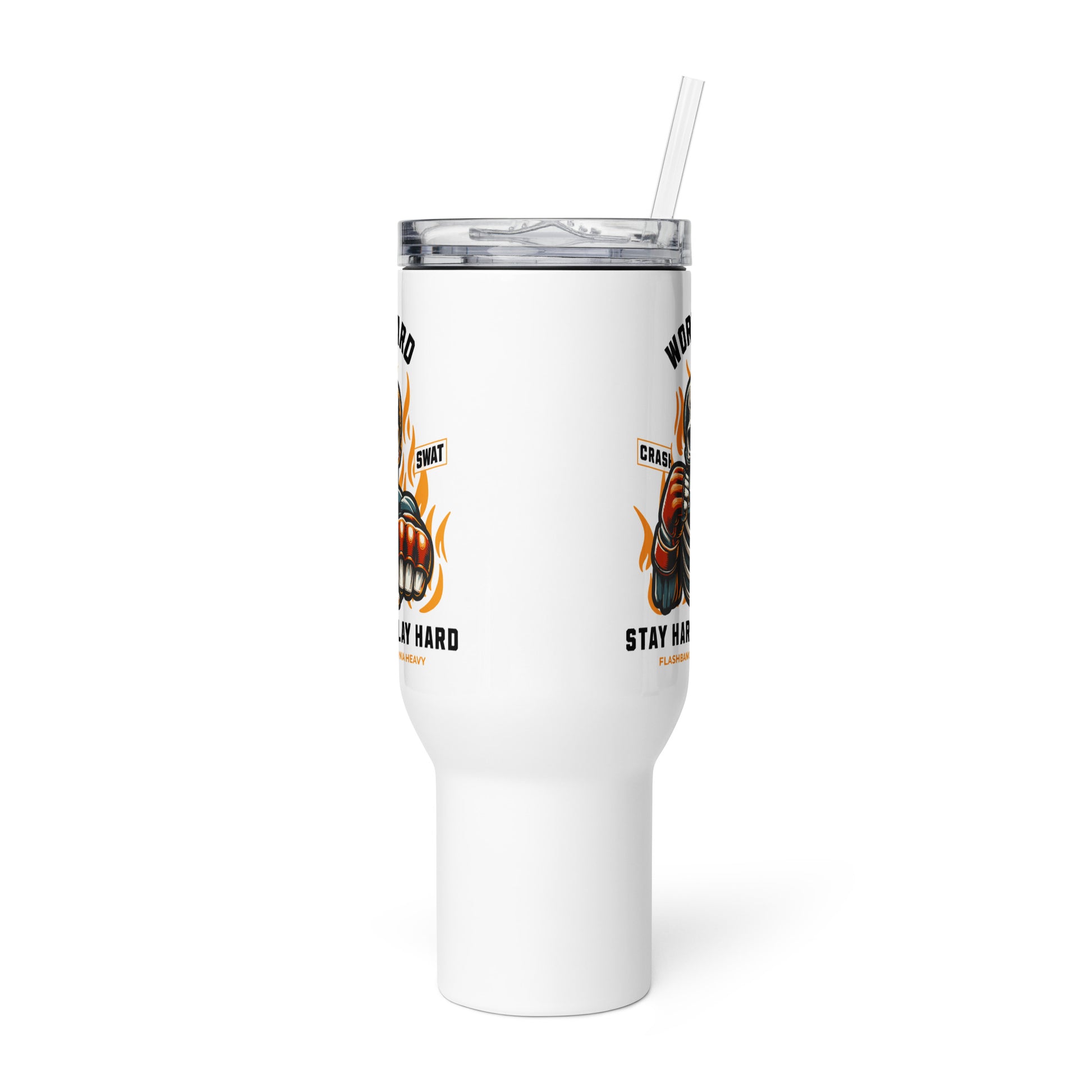 White tumbler with graphic design and text on a white background