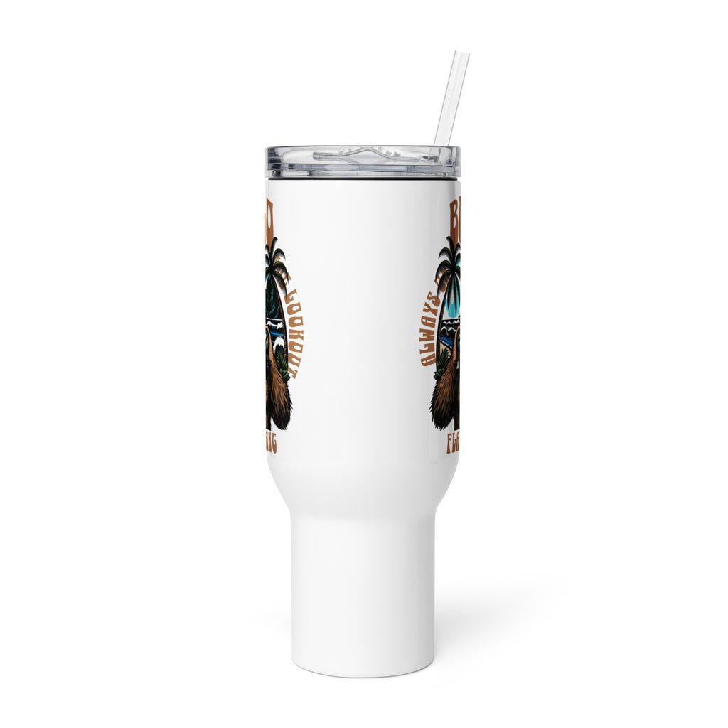 White tumbler with palm tree design on a white background