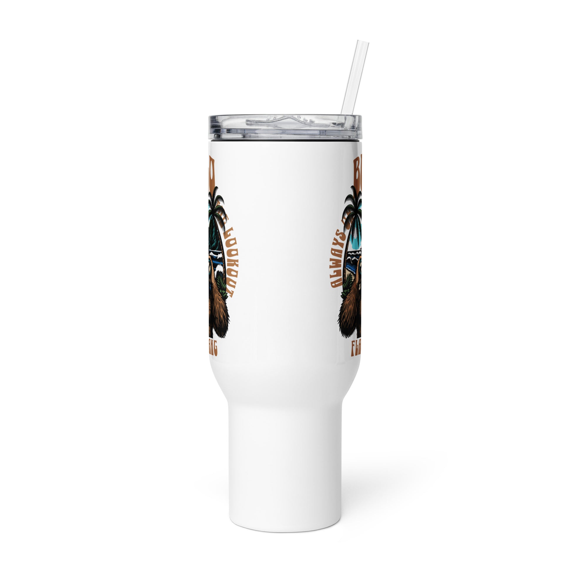 White tumbler with palm tree design on a white background