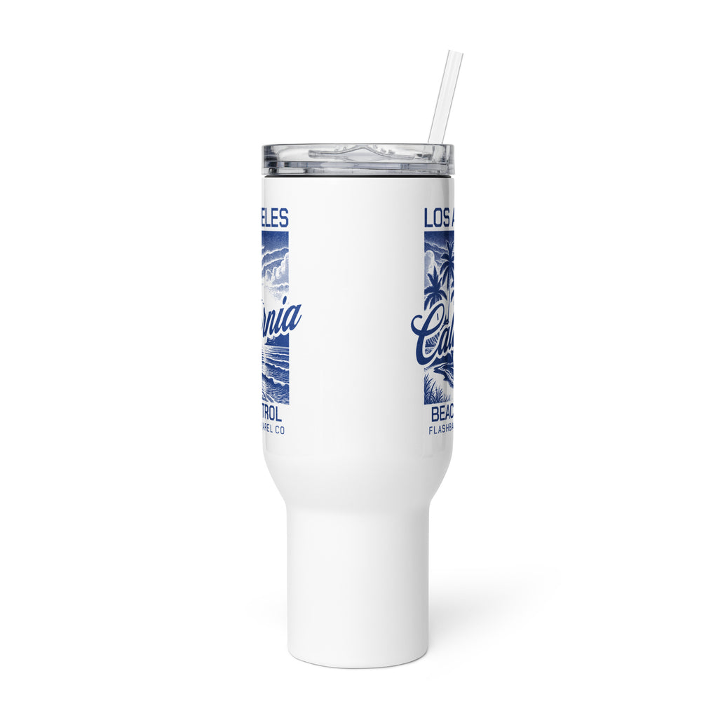 White tumbler with blue graphics and text on a white background