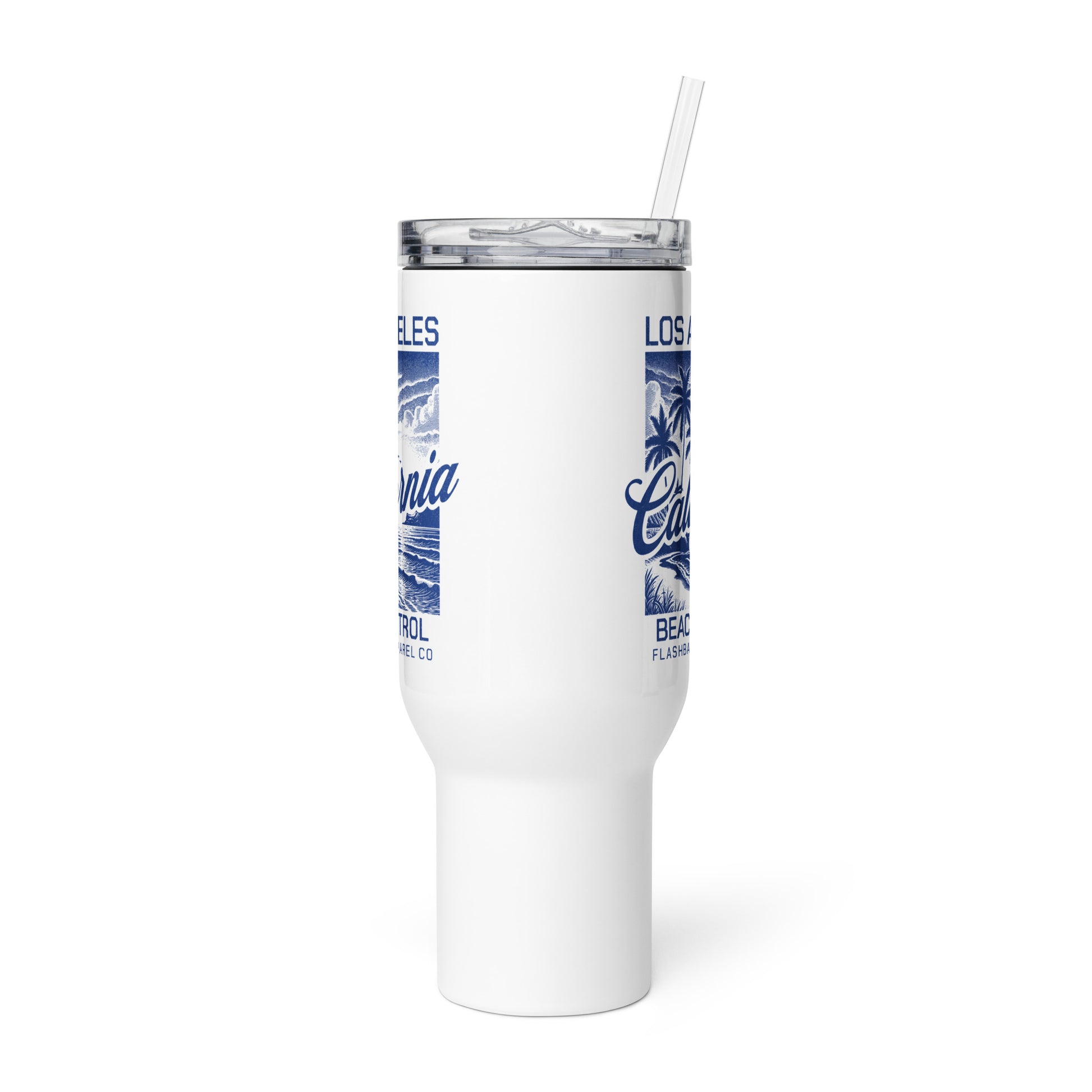 White tumbler with blue graphics and text on a white background