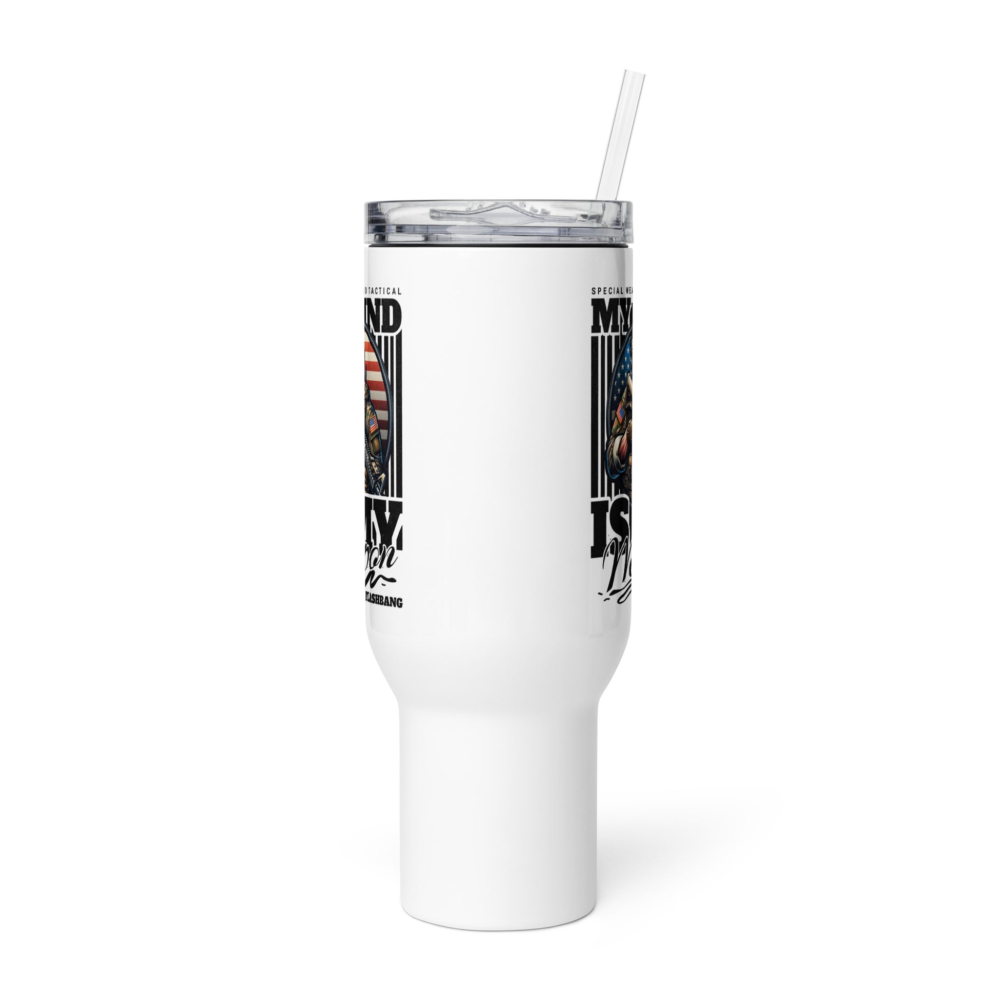 White tumbler with a straw on a white background