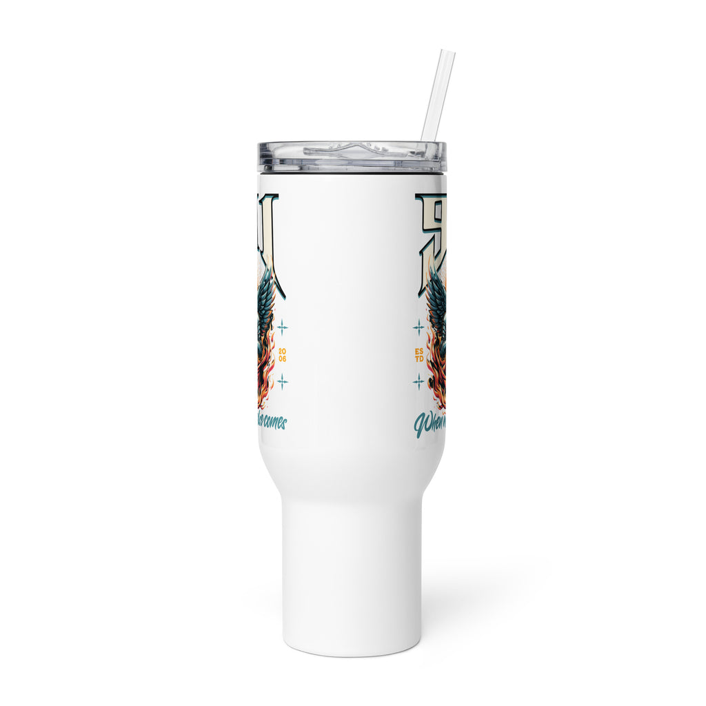 White tumbler with a colorful design on a white background