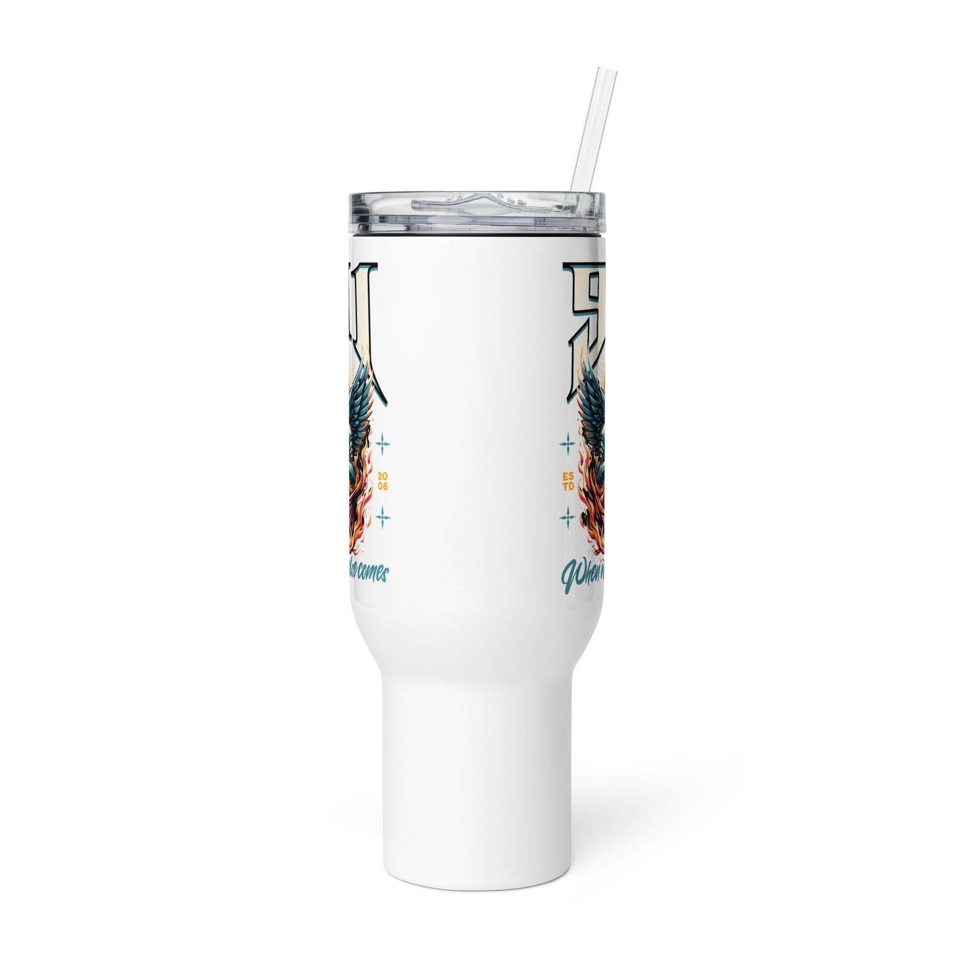 White tumbler with a colorful design on a white background