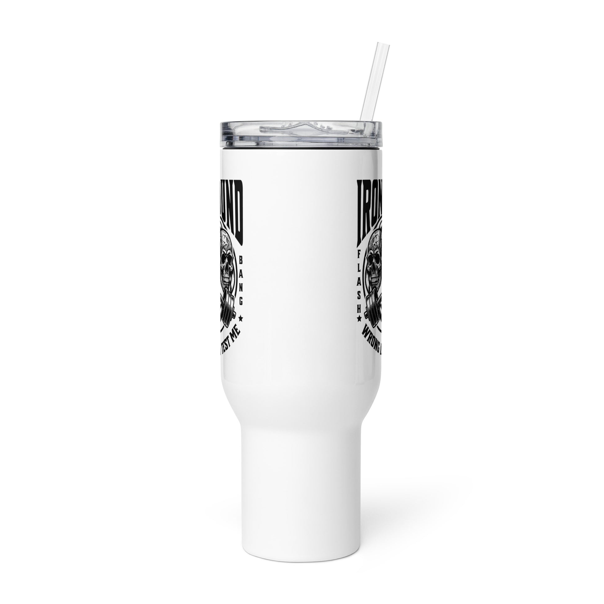 White tumbler with black graphics and text on a white background