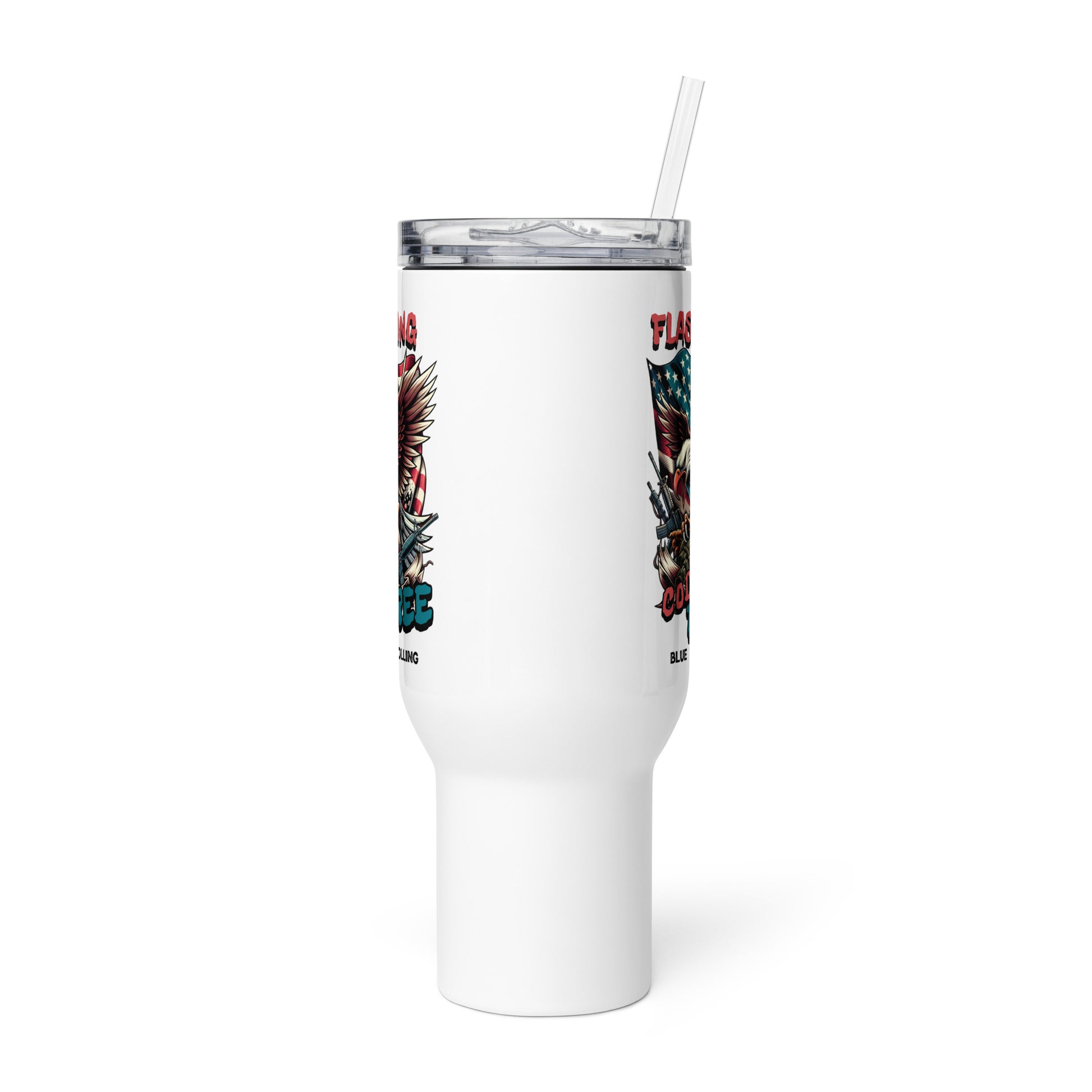 White tumbler with colorful designs on a white background