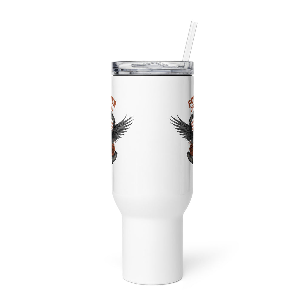 White tumbler with eagle design on a white background