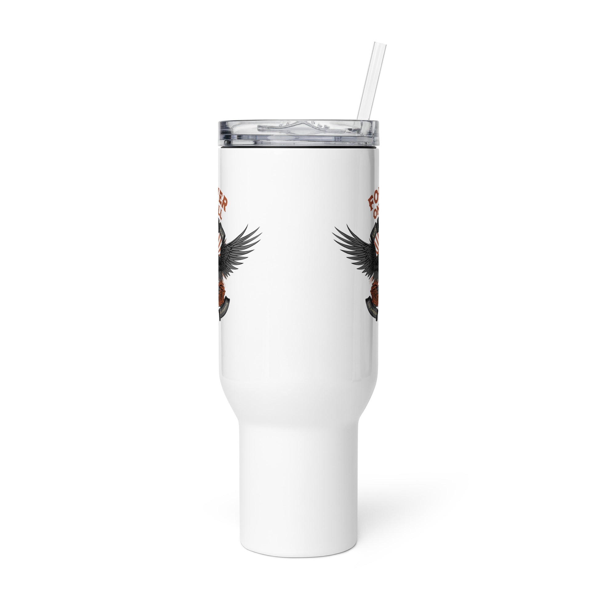 White tumbler with eagle design on a white background