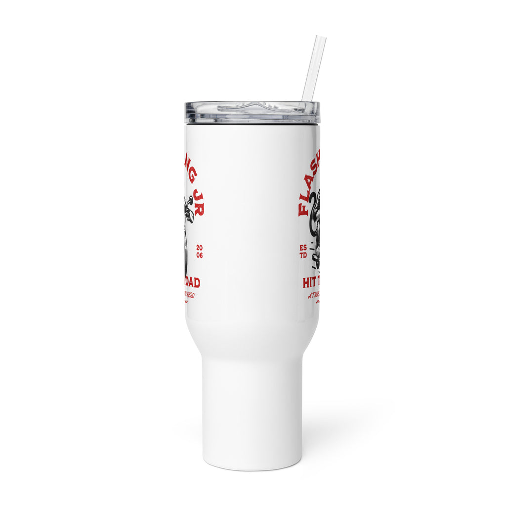 White tumbler with red and black text on a white background