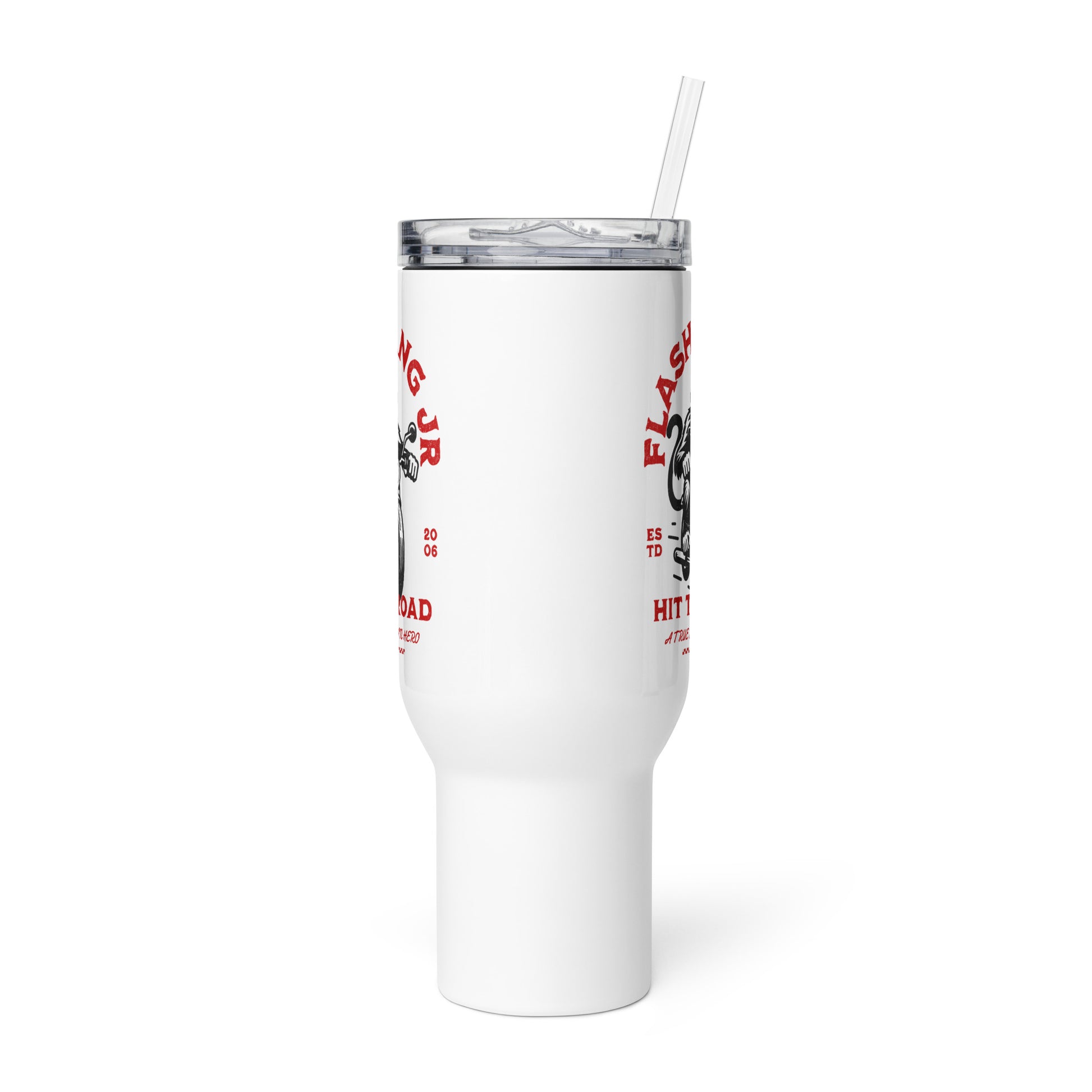White tumbler with red and black text on a white background