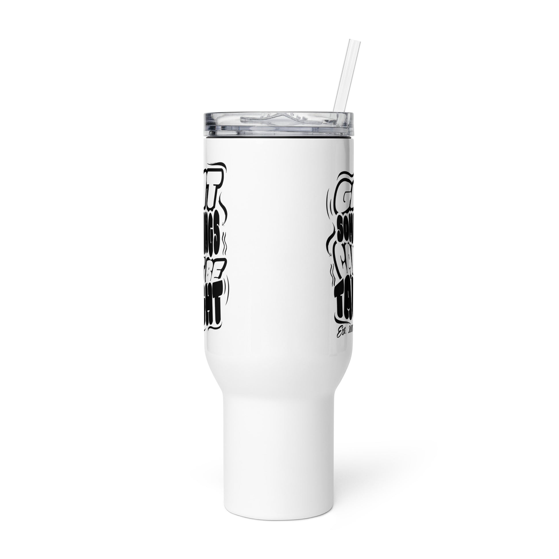 White tumbler with black text and design on a white background