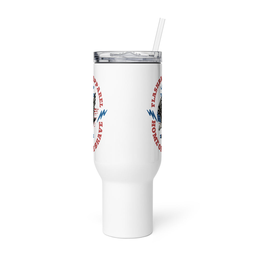 White tumbler with colorful design on a white background