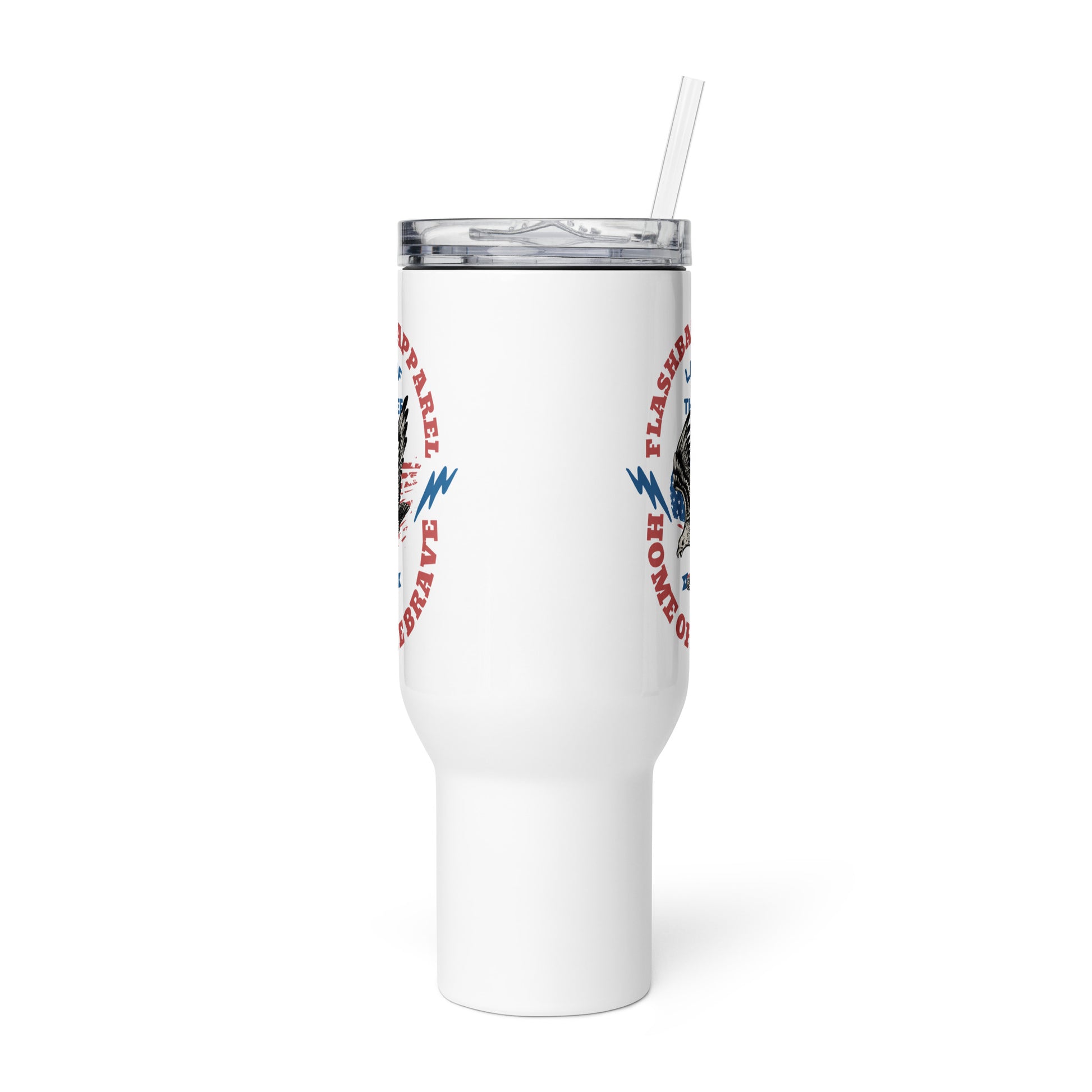 White tumbler with colorful design on a white background