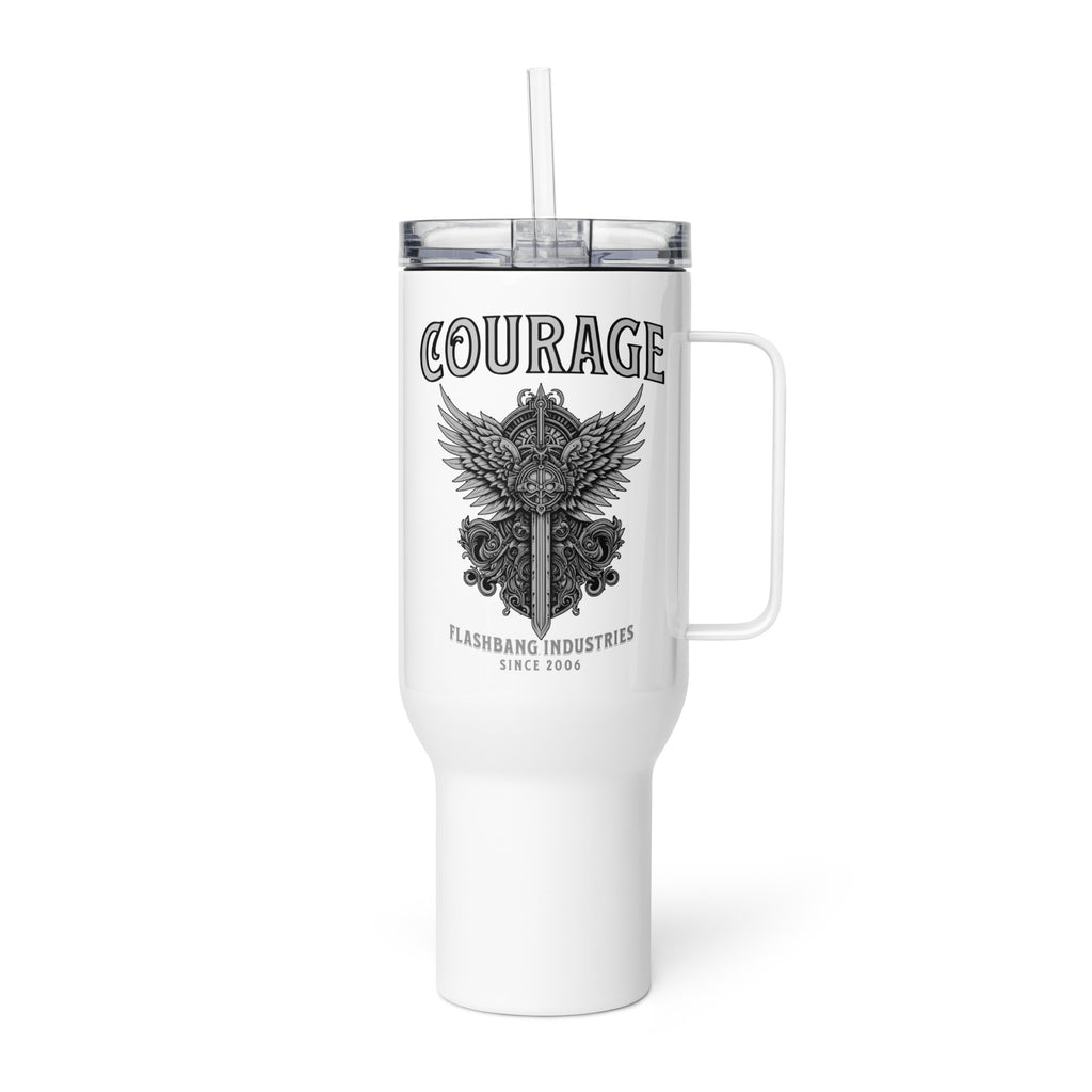 White tumbler with handle featuring 'Courage' and 'Flashbang Industries' text on a white background