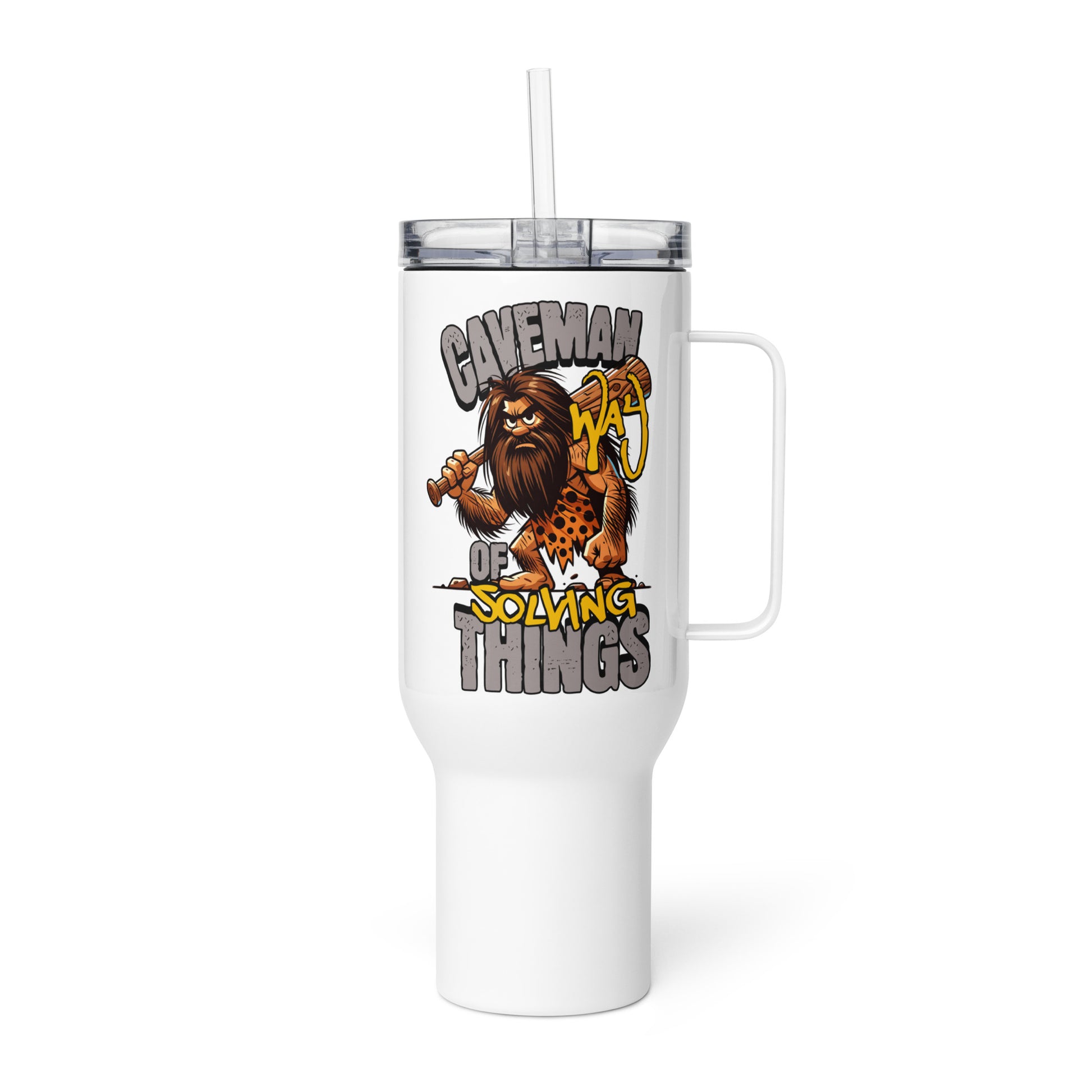 White tumbler with a cartoon caveman design and text on a white background