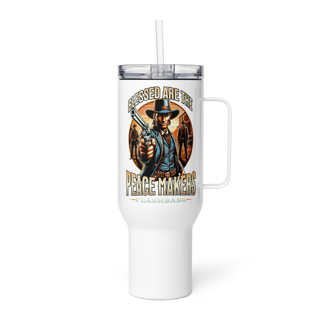 White tumbler with a graphic of a cowboy holding a gun and text on a white background