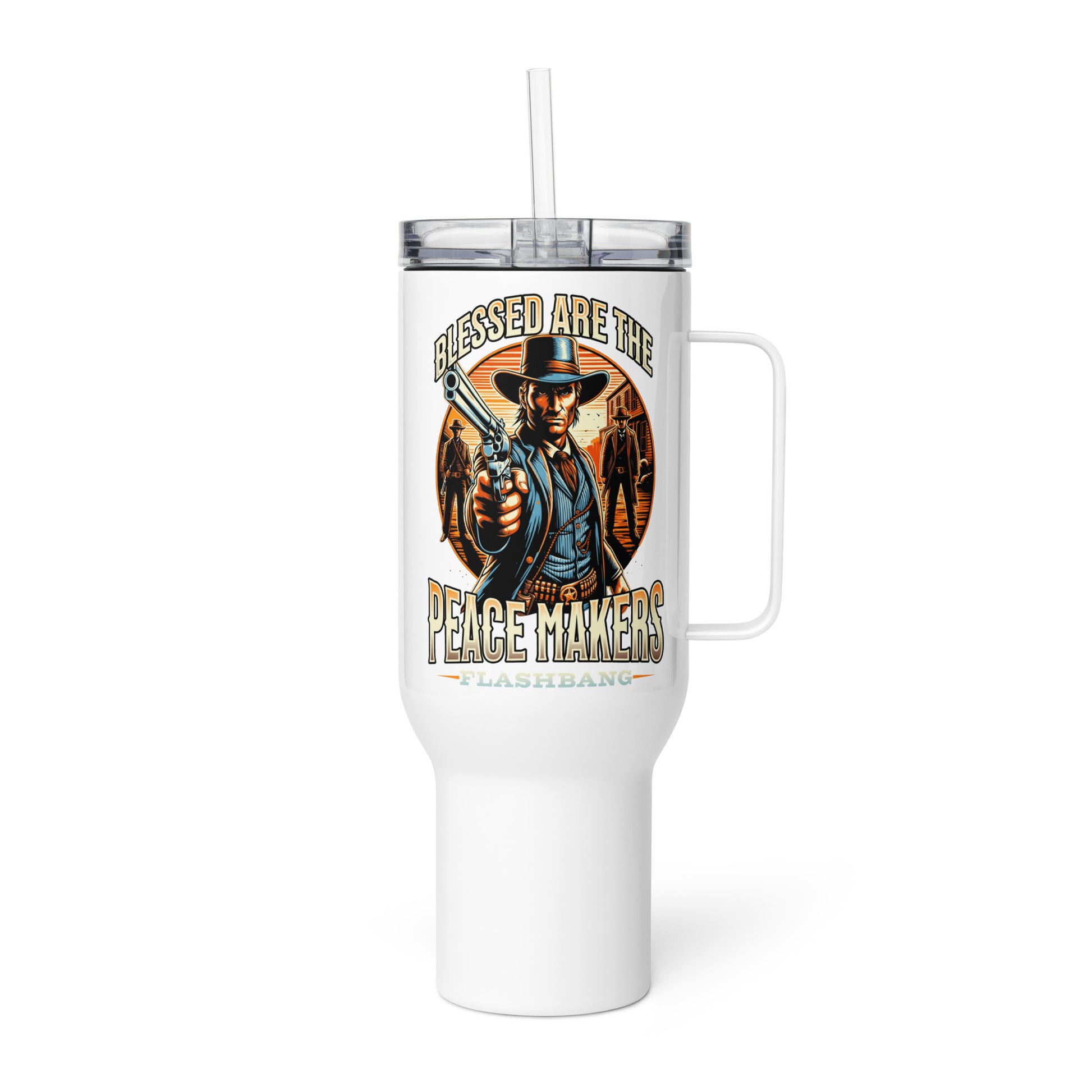 White tumbler with a graphic of a cowboy holding a gun and text on a white background