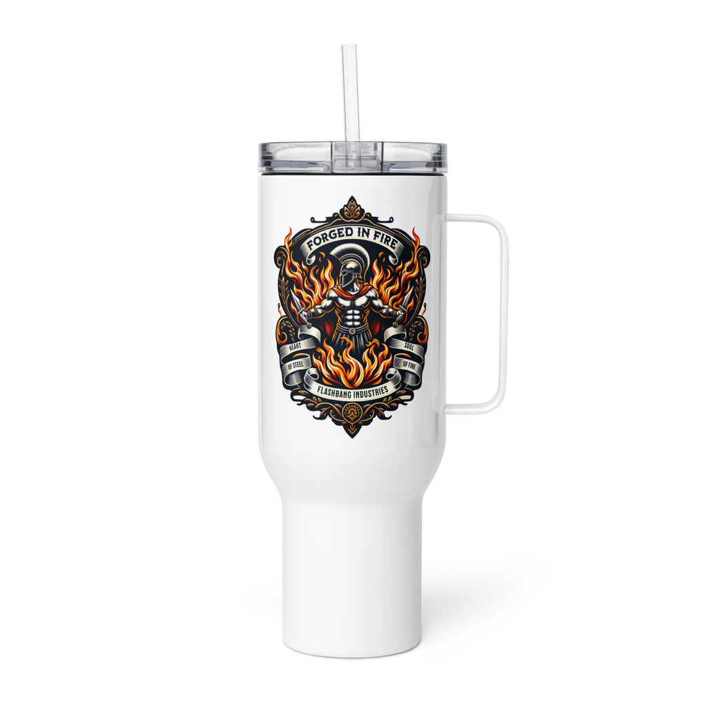 White tumbler with a handle and a colorful graphic design on a white background