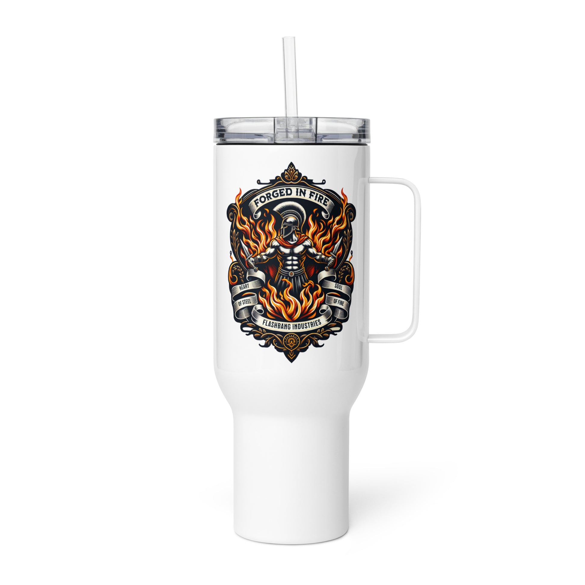 White tumbler with a handle and a colorful graphic design on a white background