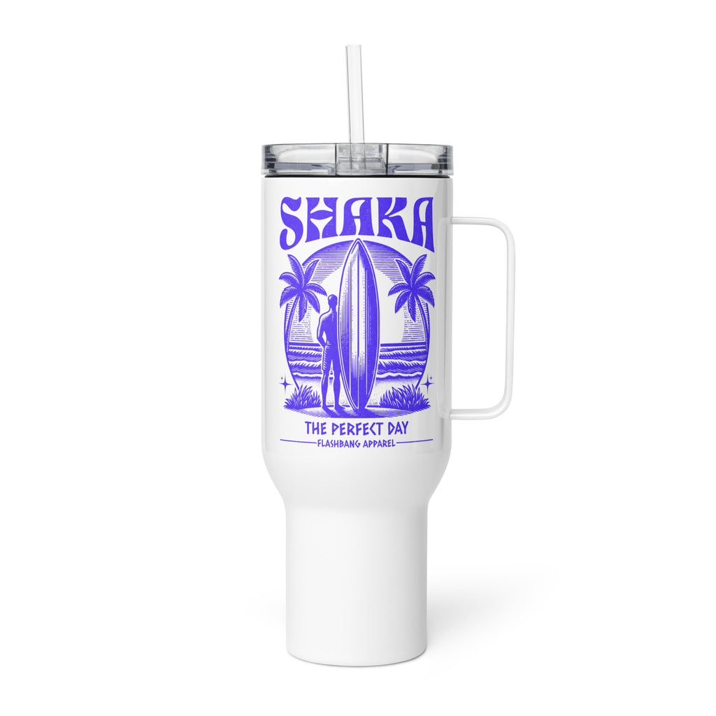 White tumbler with purple 'Shaka' design on a white background