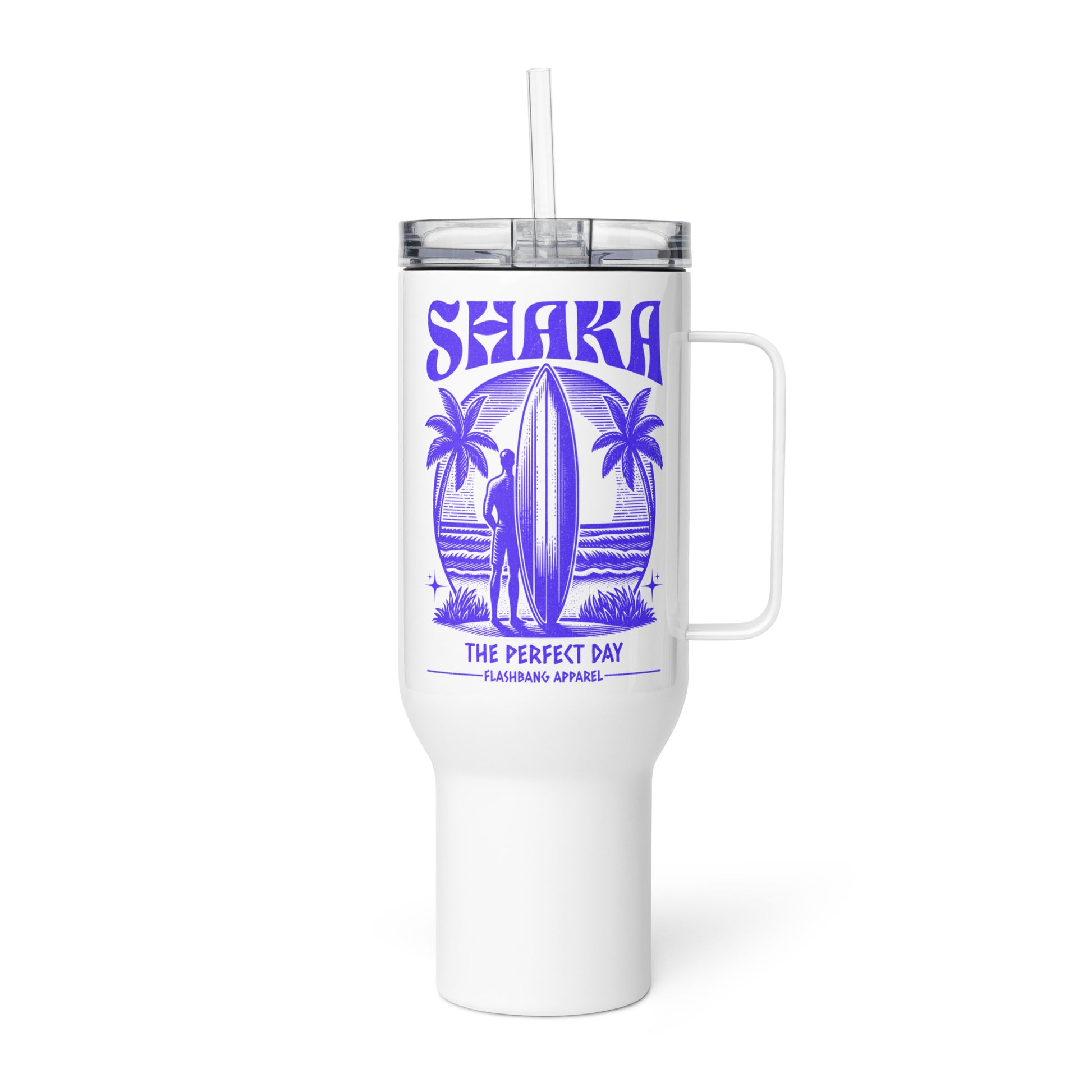 White tumbler with purple 'Shaka' design on a white background