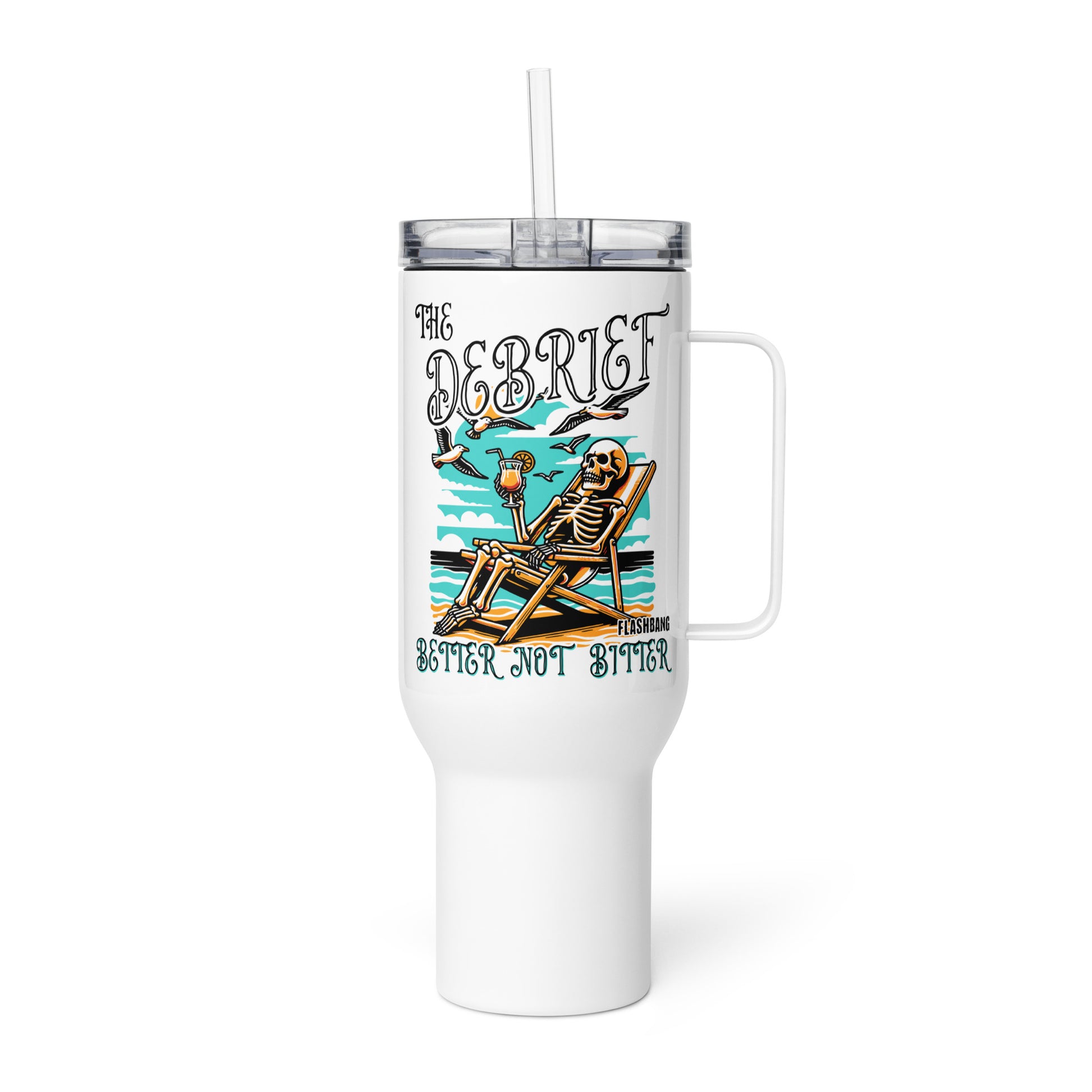 White tumbler with skeleton design and text on a white background