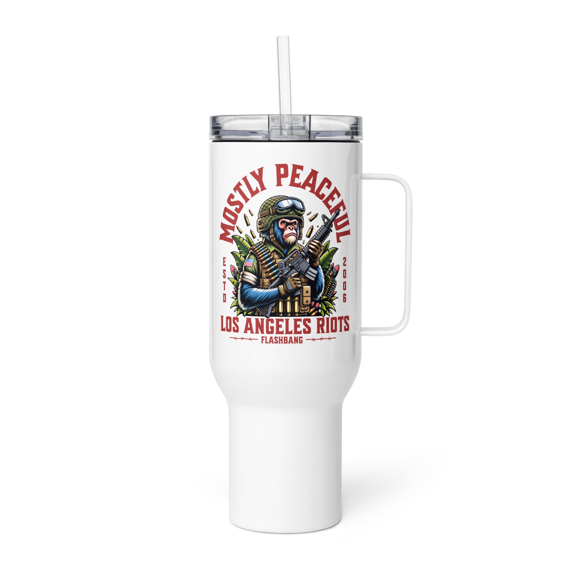 White tumbler with graphic design and text on a white background