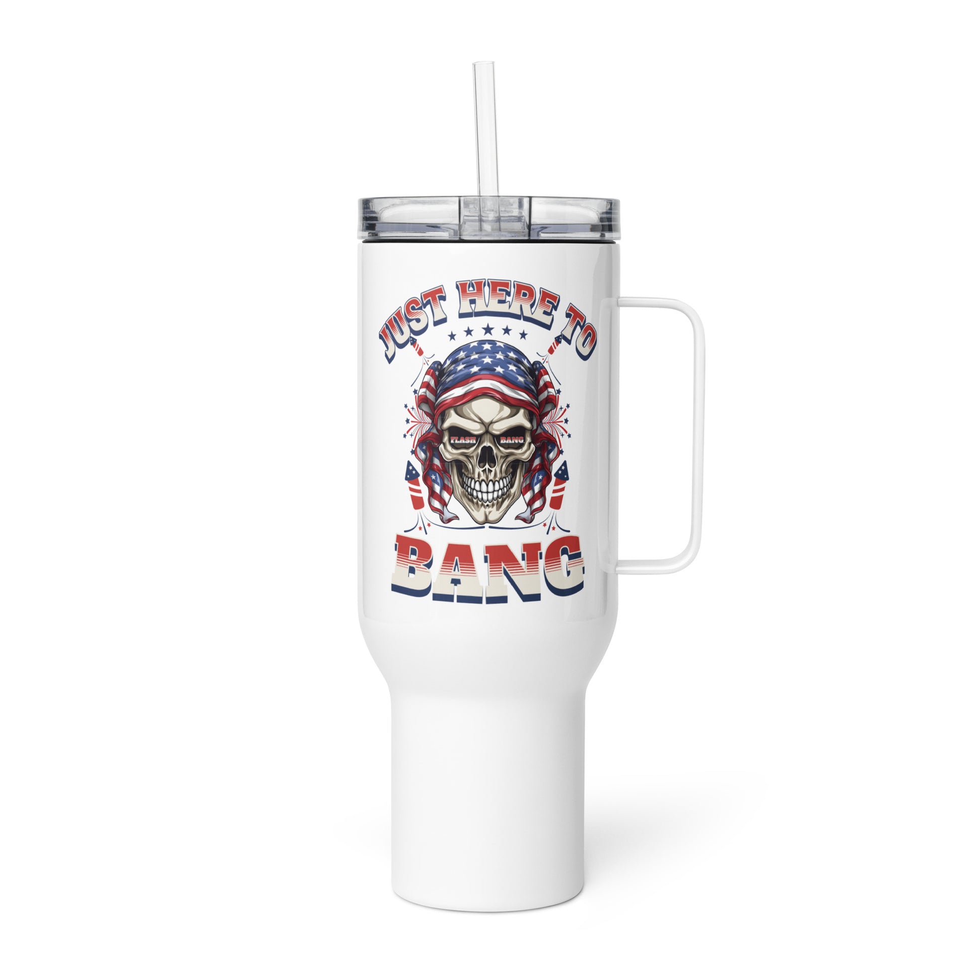 White tumbler with skull design and text on a white background