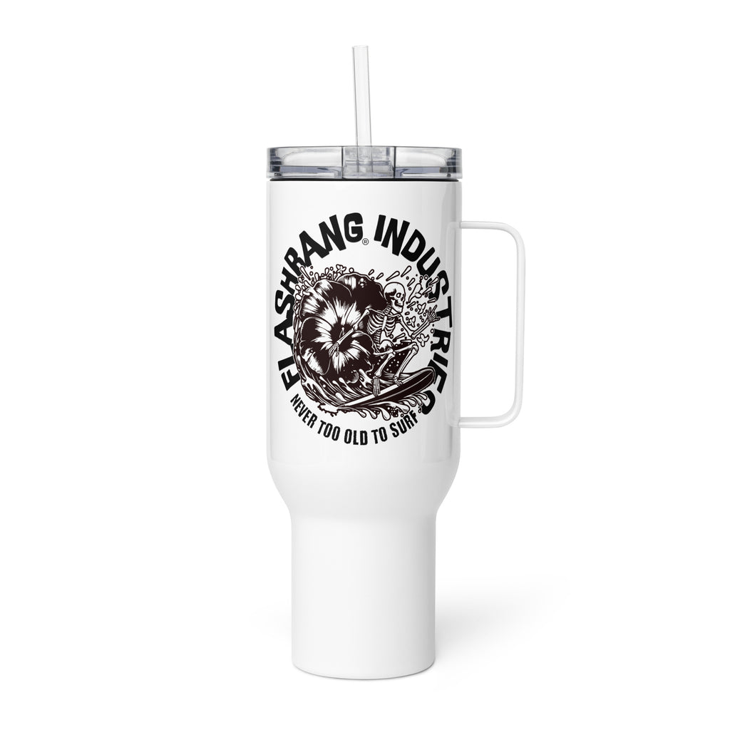 White tumbler with handle and straw featuring a black graphic design and text on a white background
