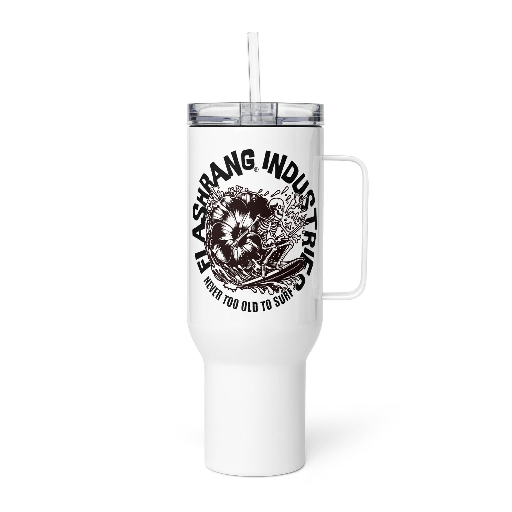White tumbler with handle and straw featuring a black graphic design and text on a white background