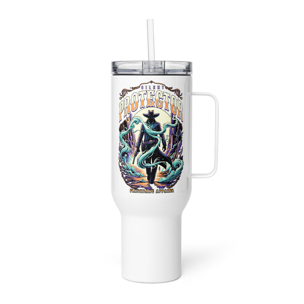 White tumbler with handle and colorful graphic design on a white background