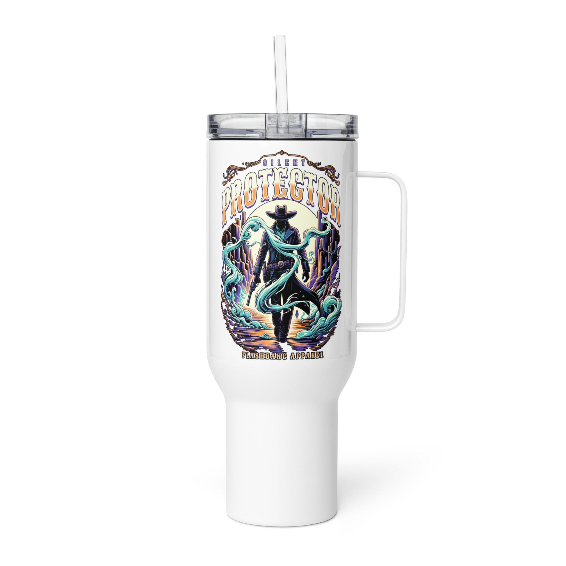 White tumbler with handle and colorful graphic design on a white background