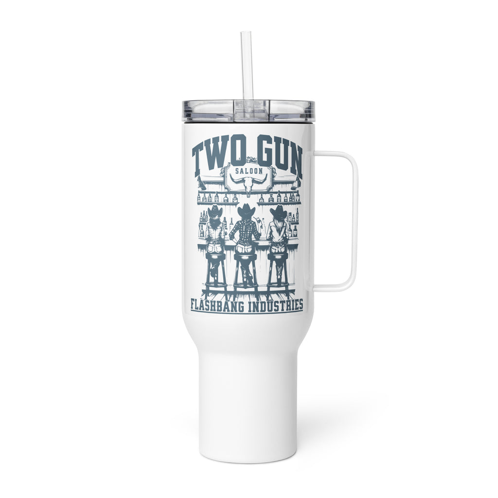 White tumbler with handle and straw featuring 'Two Gun Saloon' design on a white background