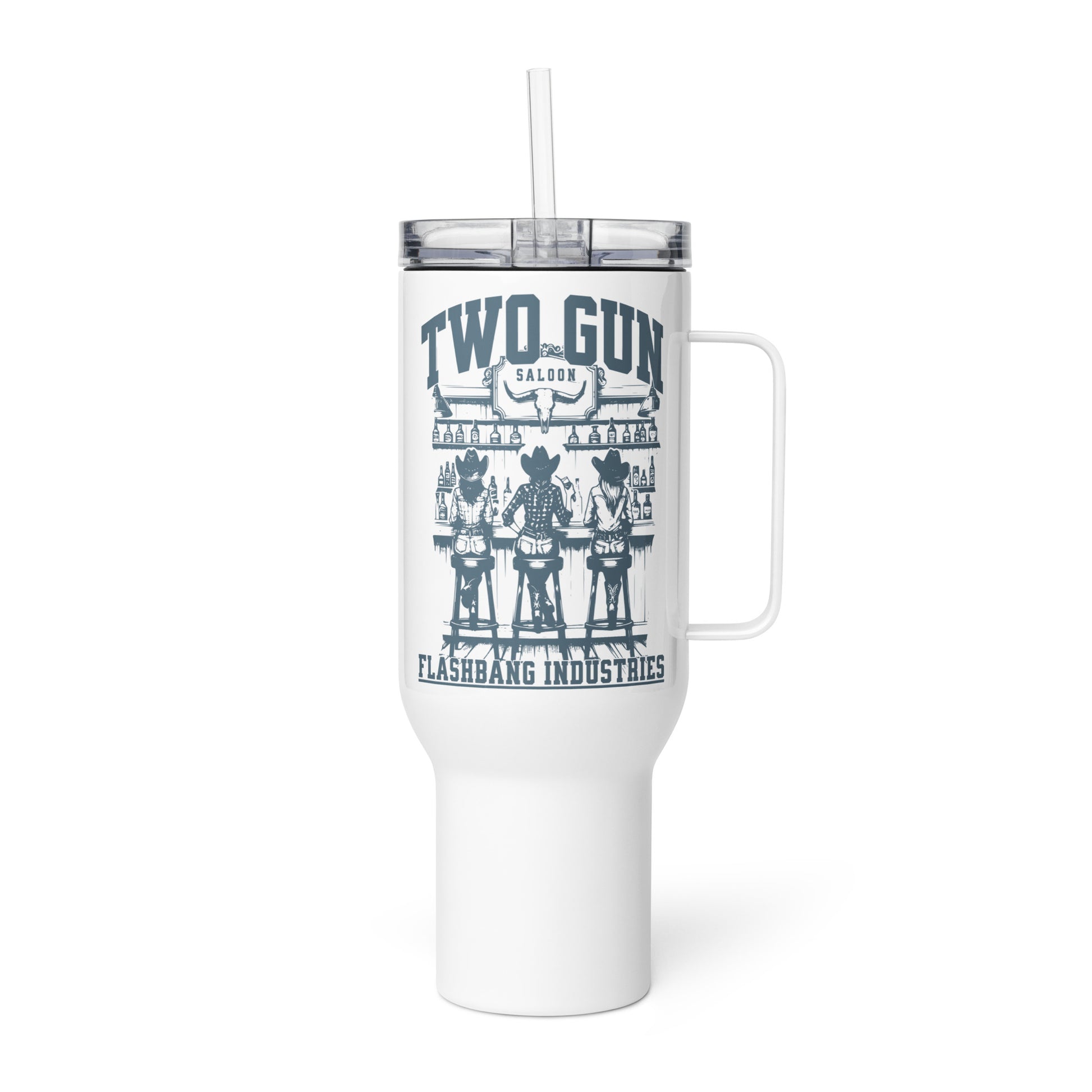 White tumbler with handle and straw featuring 'Two Gun Saloon' design on a white background