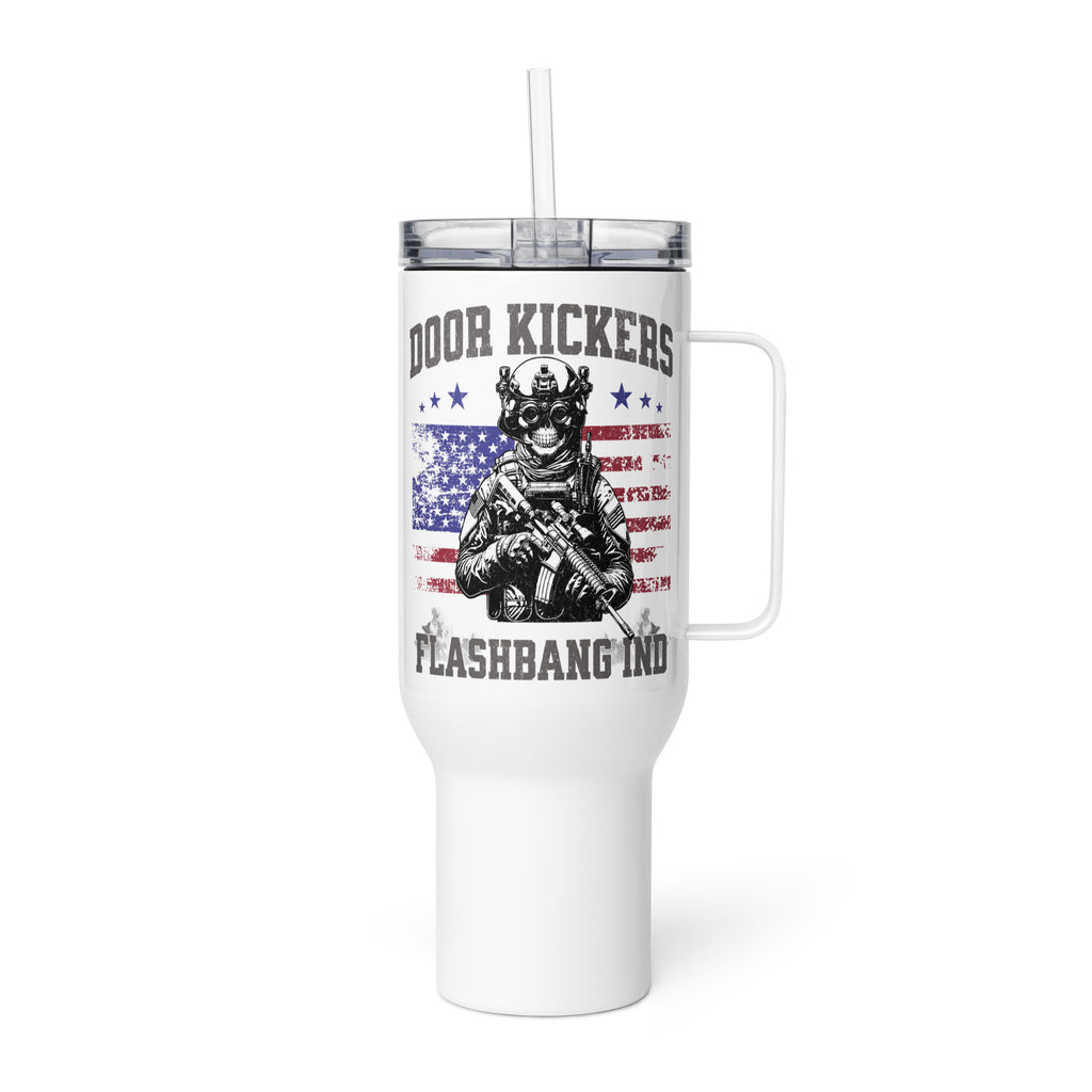 White tumbler with graphic design and text on a white background