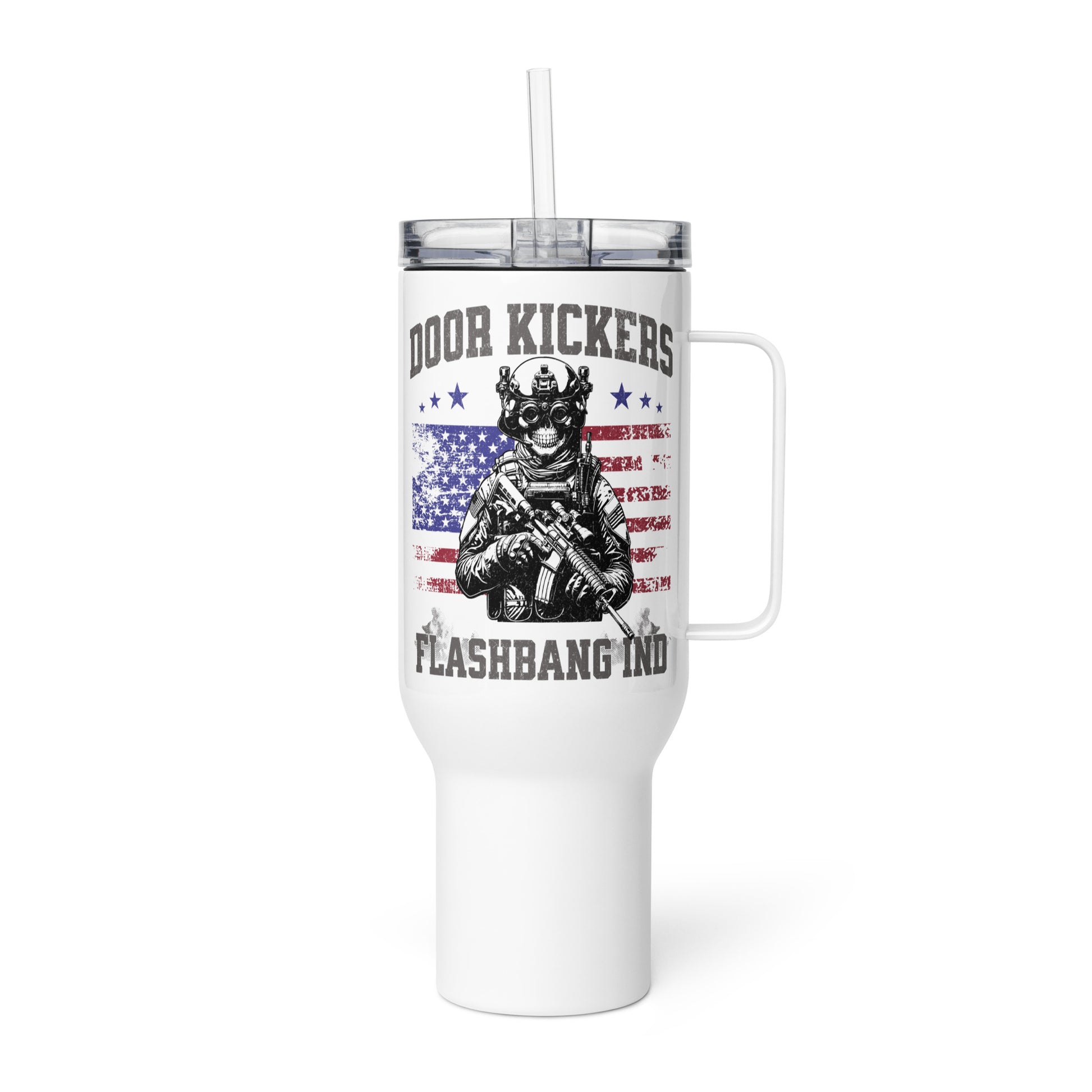 White tumbler with graphic design and text on a white background