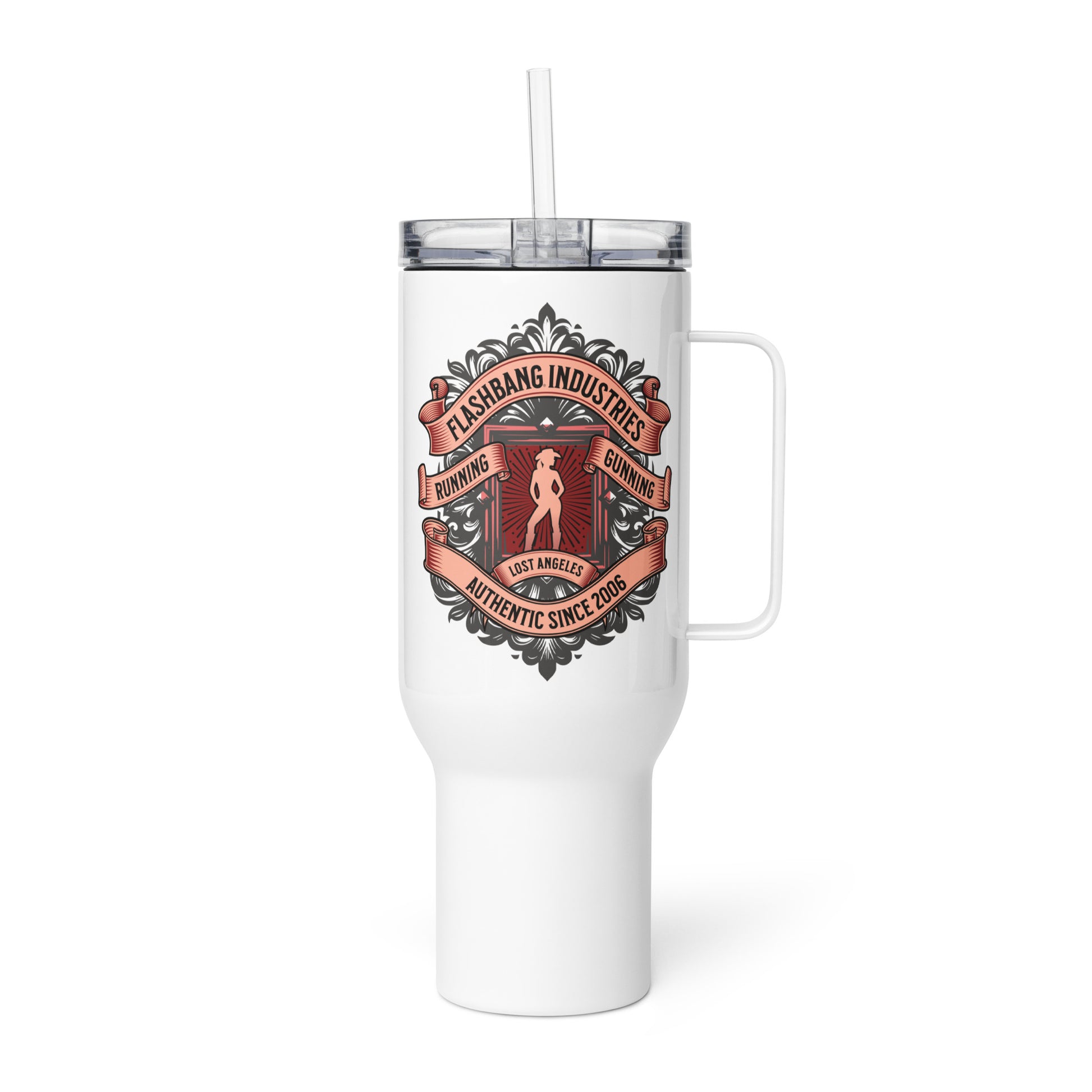 White tumbler with a handle and straw featuring a logo and text on a white background