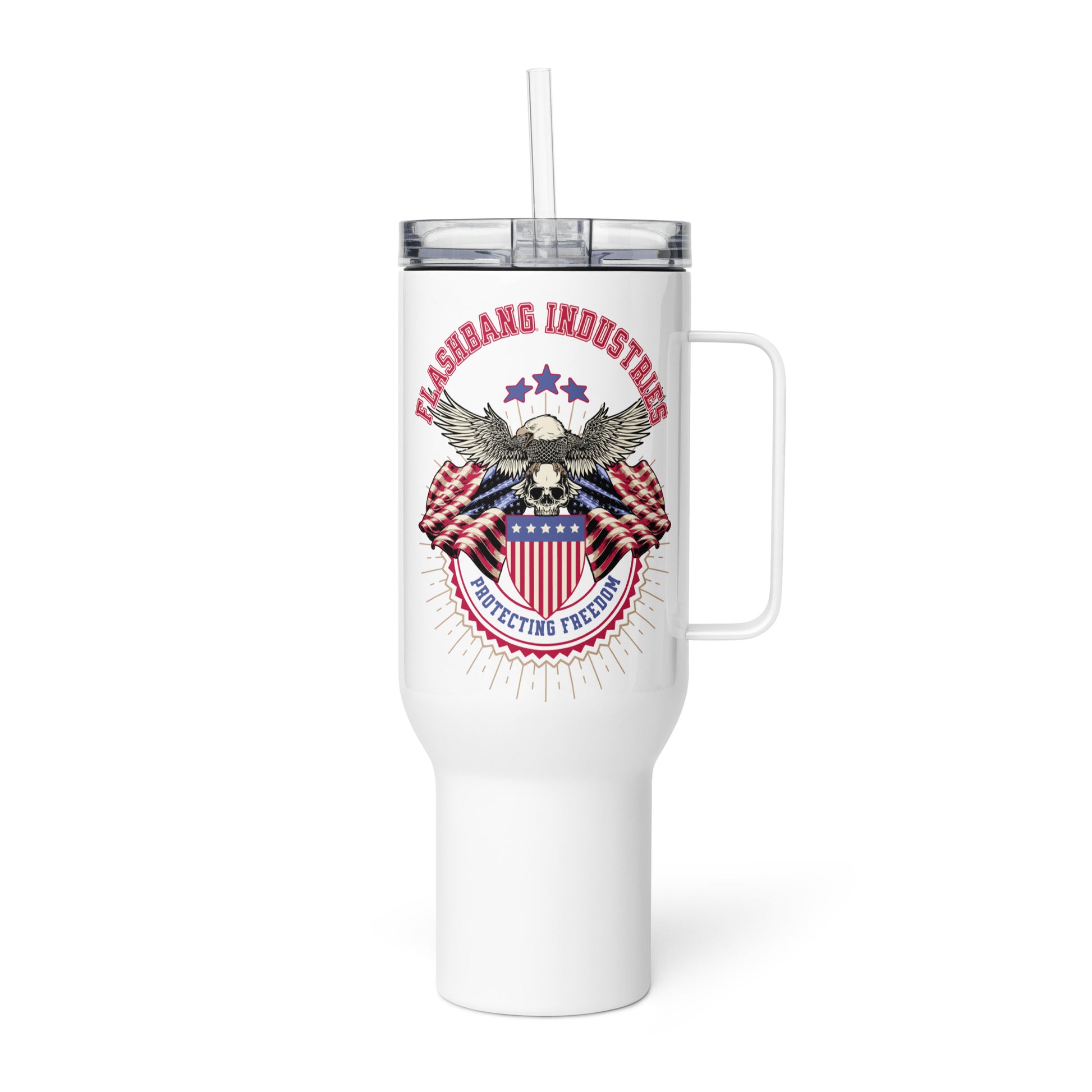 White tumbler with patriotic design and 'Flashbang Industries' text on a white background