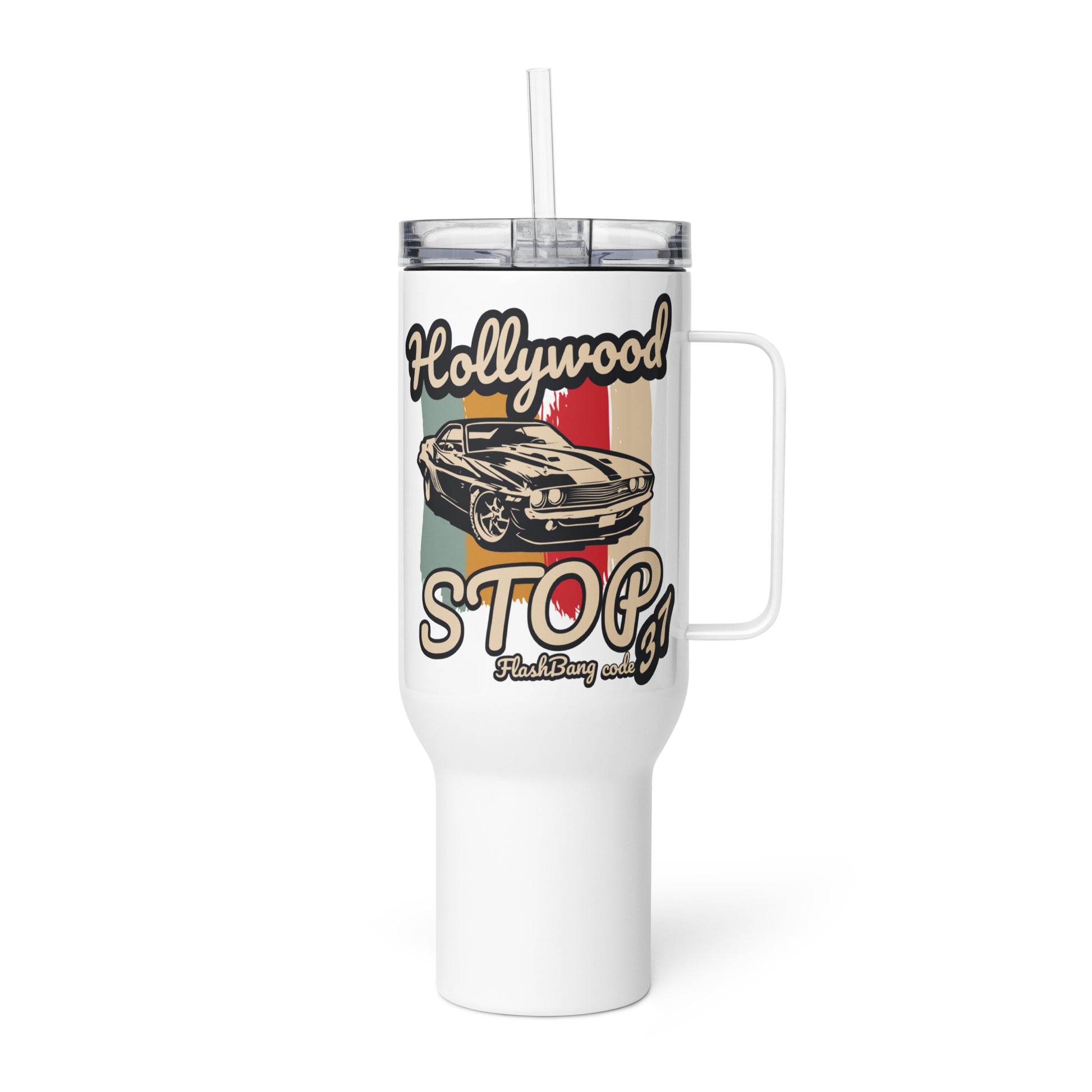 White tumbler with 'Hollywood Stop' design featuring a car and vintage-style text on a white background.