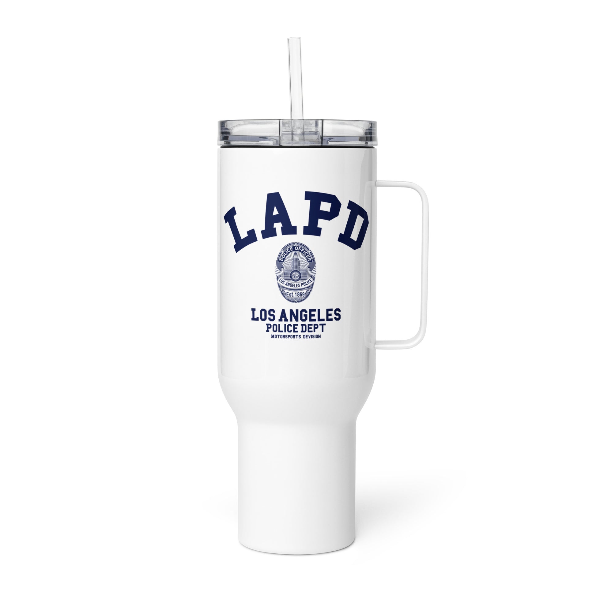 White tumbler with LAPD Los Angeles Police Dept logo on a white background