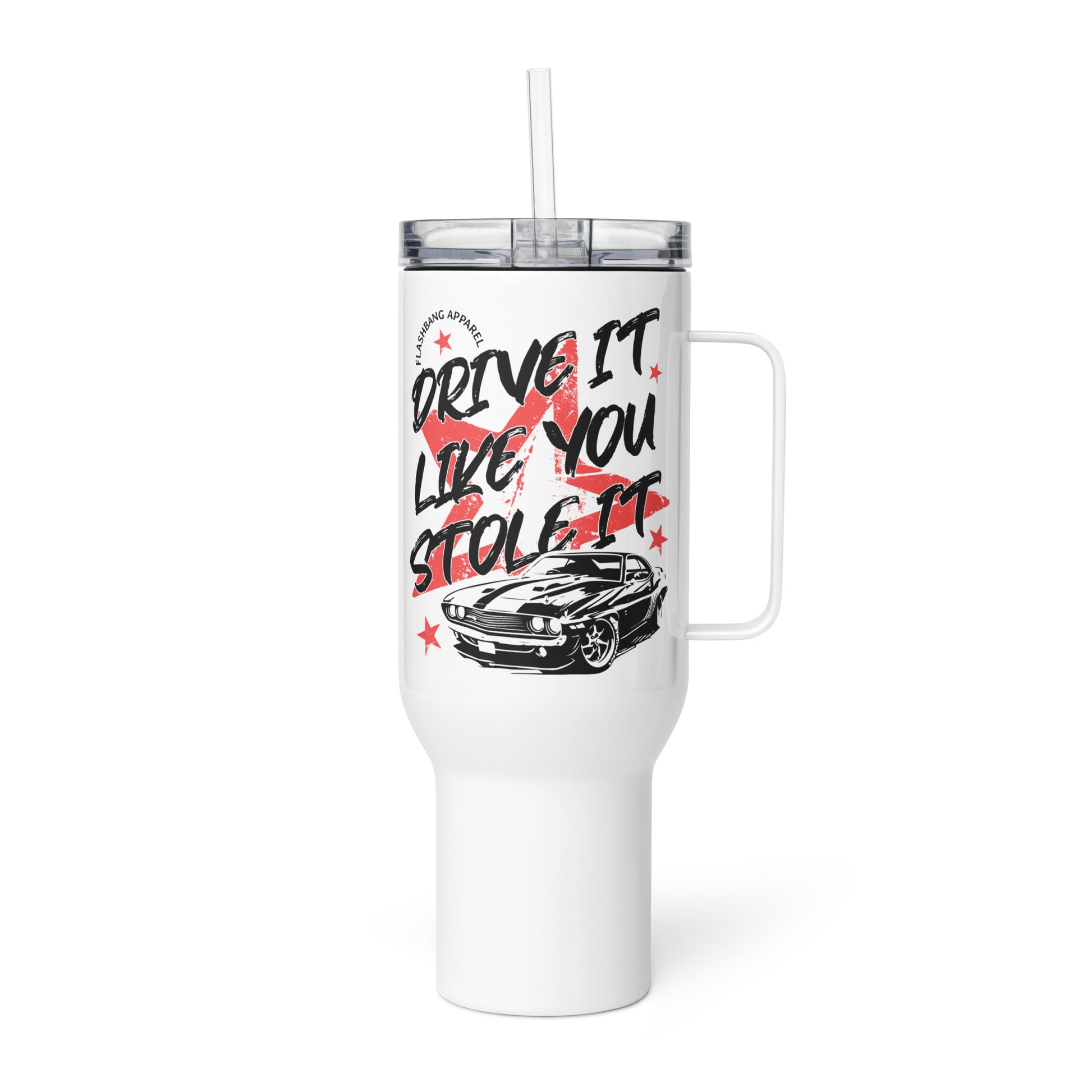 White tumbler with handle and car design on a white background