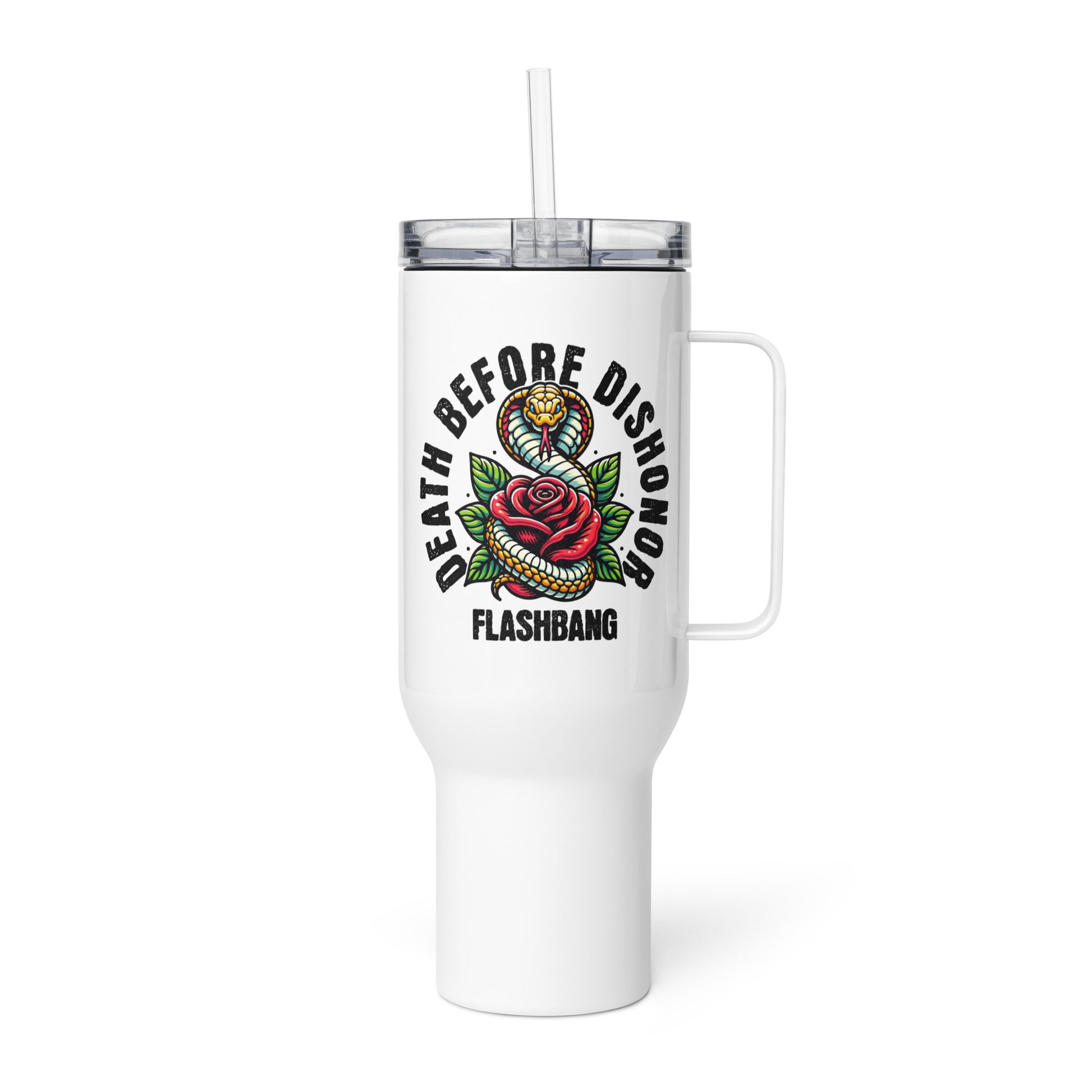 White tumbler with handle and straw featuring a rose and snake design with text on a white background