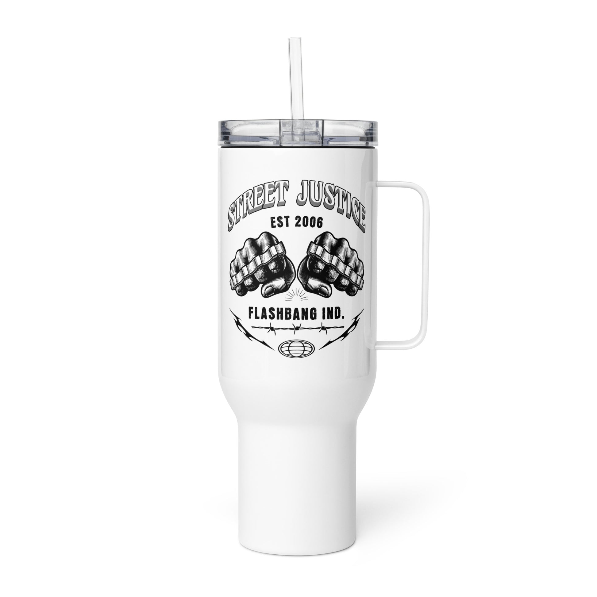 White tumbler with black graphics and text on a white background