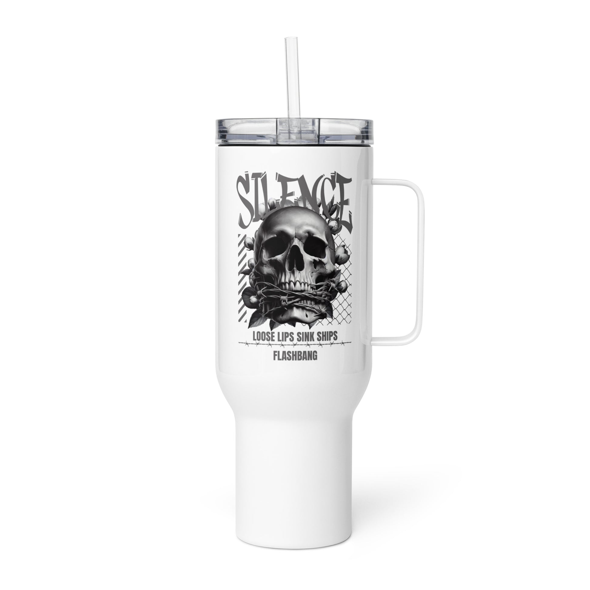 White mug with skull design and text on a white background