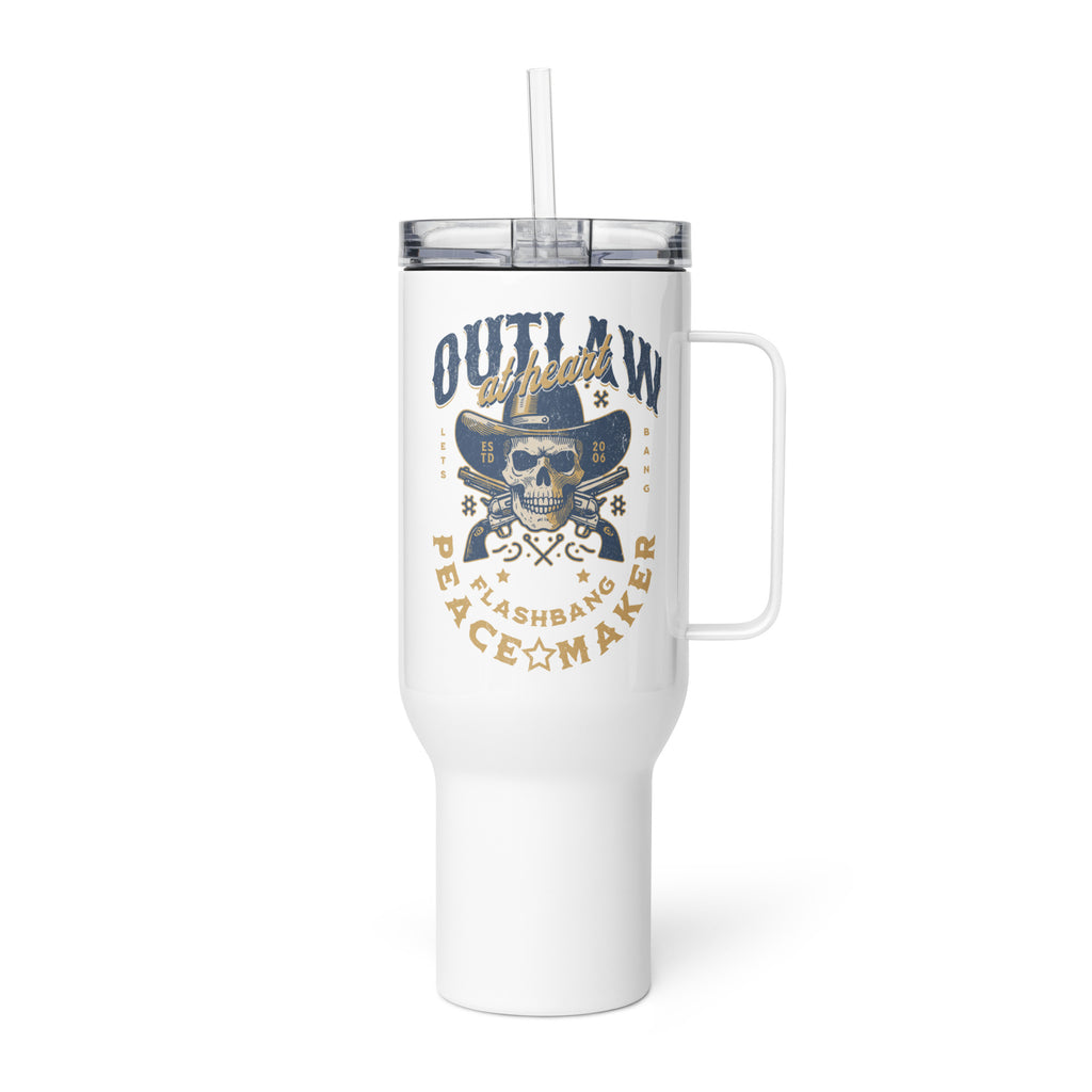 White tumbler with skull and hat design and text on a white background