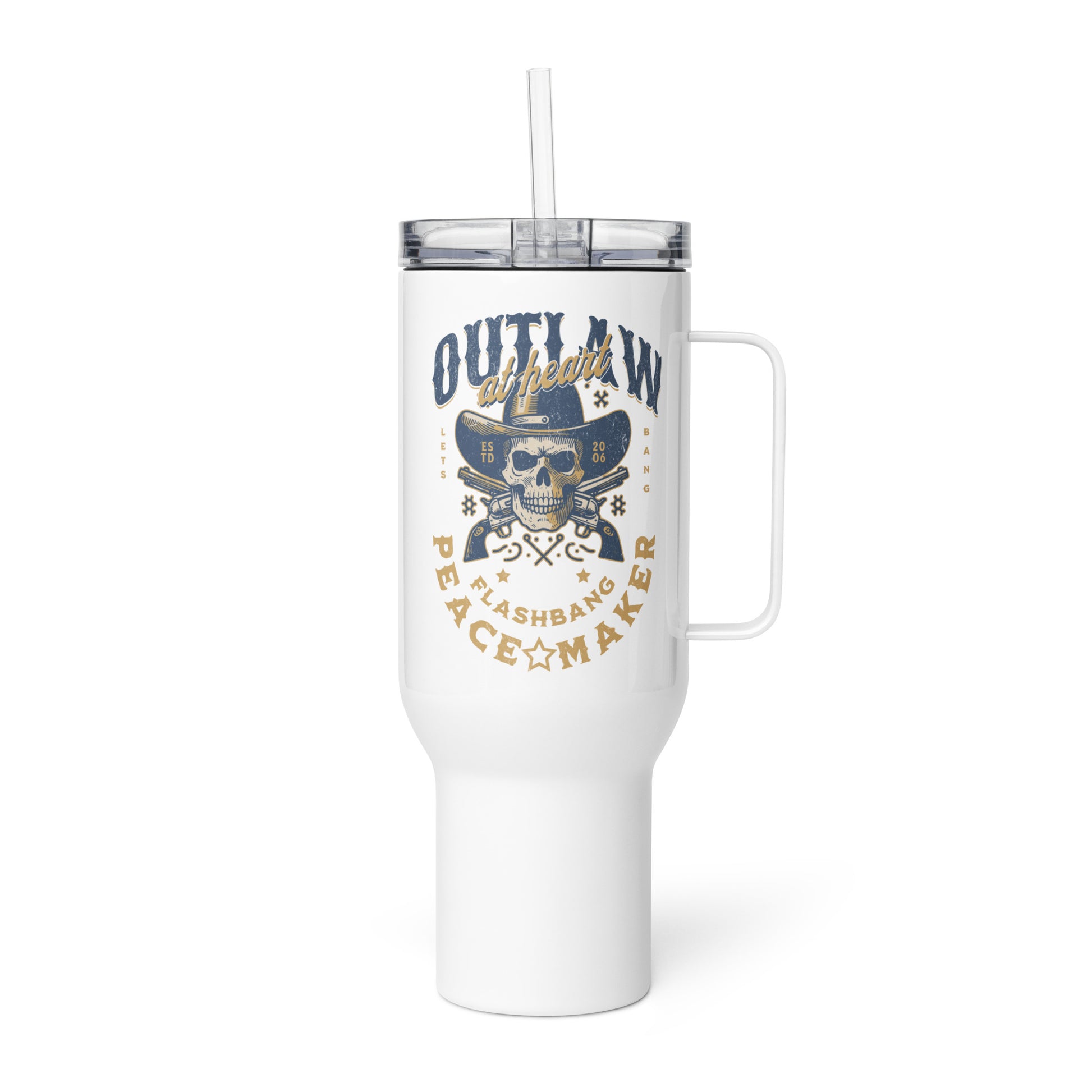 White tumbler with skull and hat design and text on a white background