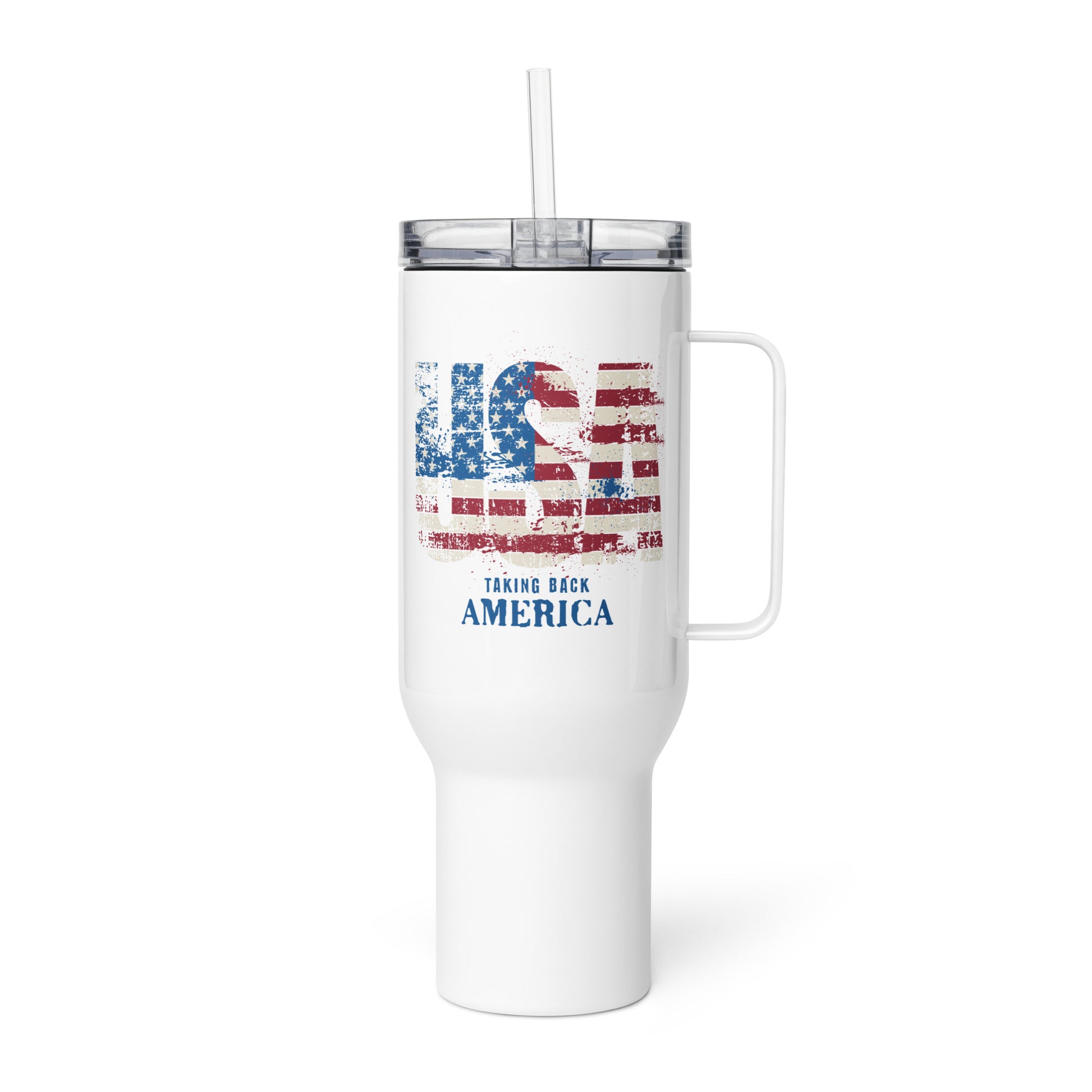 White tumbler with American flag design and text on a white background