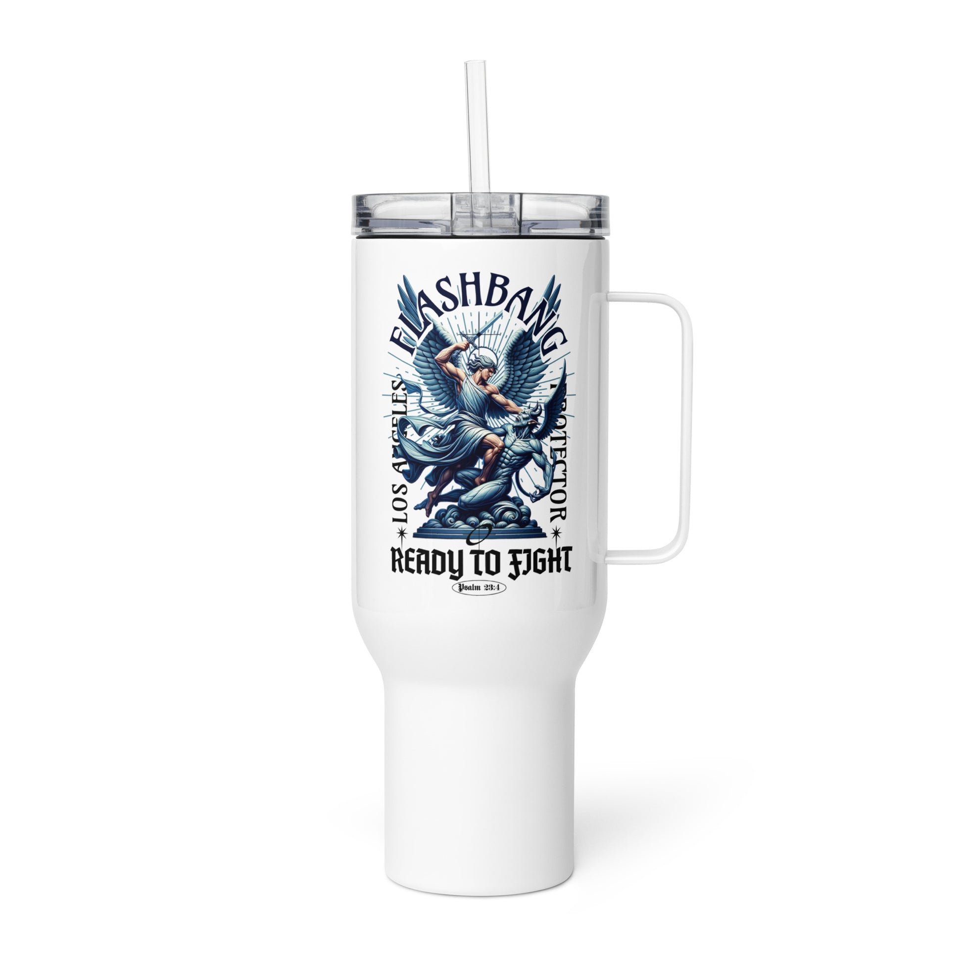 White tumbler with angel design and text on a white background