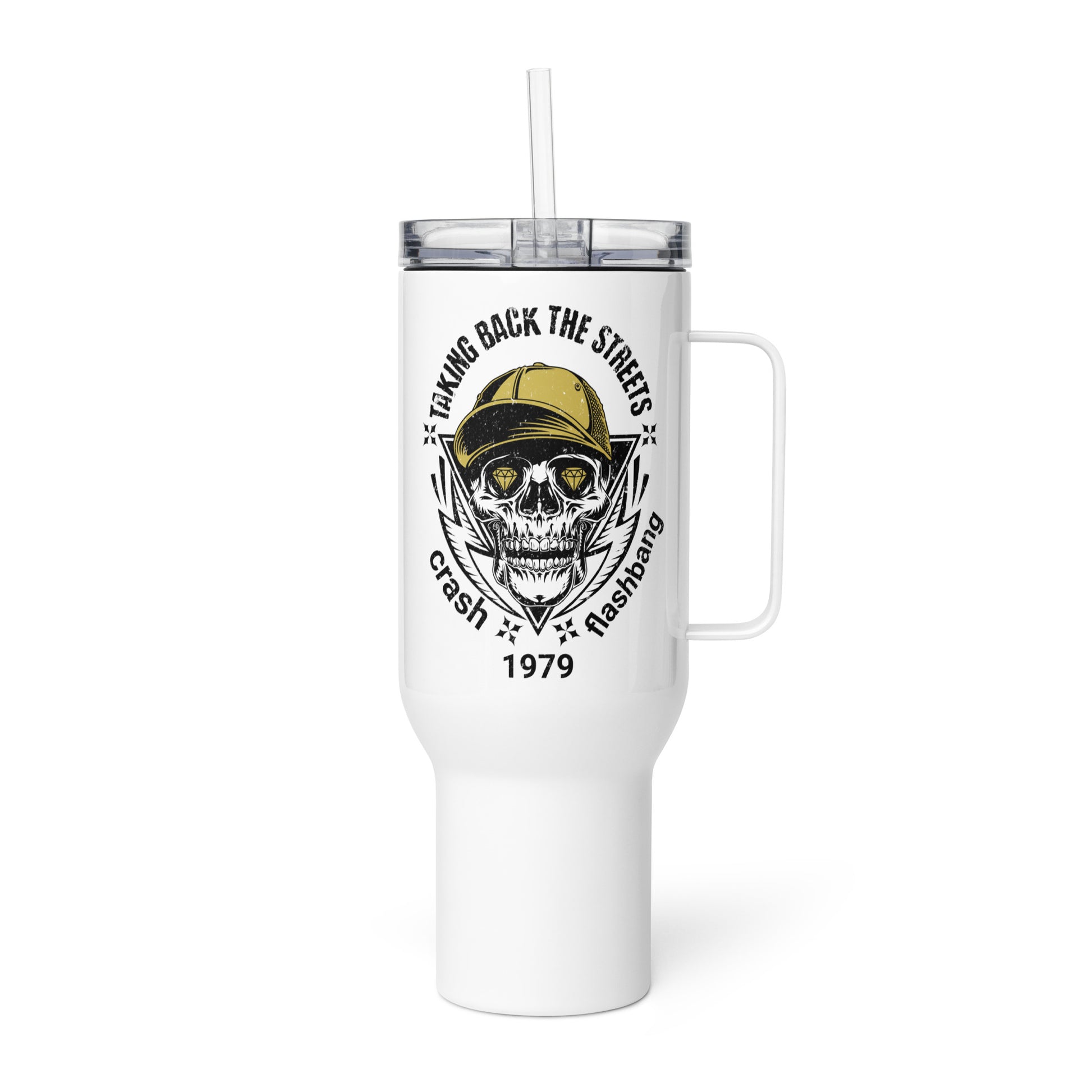 White tumbler with skull design and text on a white background